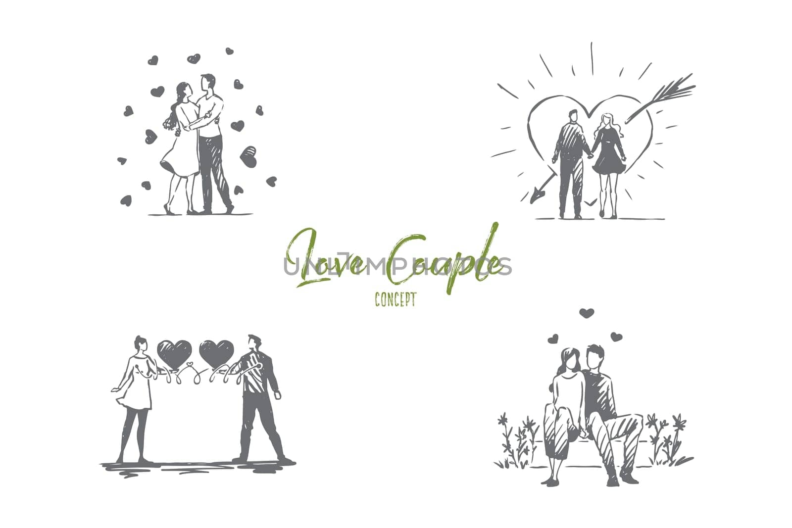 Love couple - loving romantic couple walking outdoor and hugging each other vector concept set. Hand drawn sketch isolated illustration