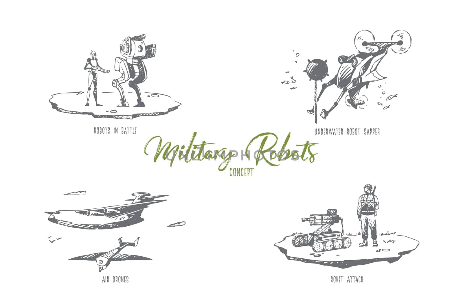 Military robots - robots in battle, underwater sapper, roket attack, air drones vector concept set. Hand drawn sketch isolated illustration