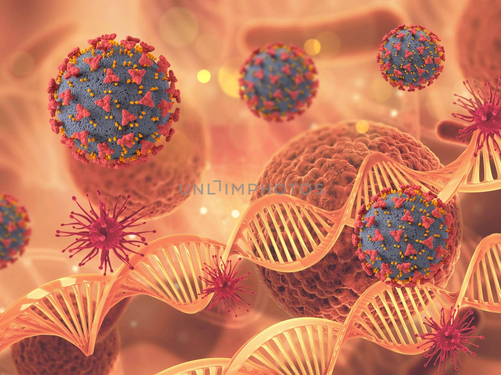 3D render of a medical background with Covid 19 virus cells and DNA strands
