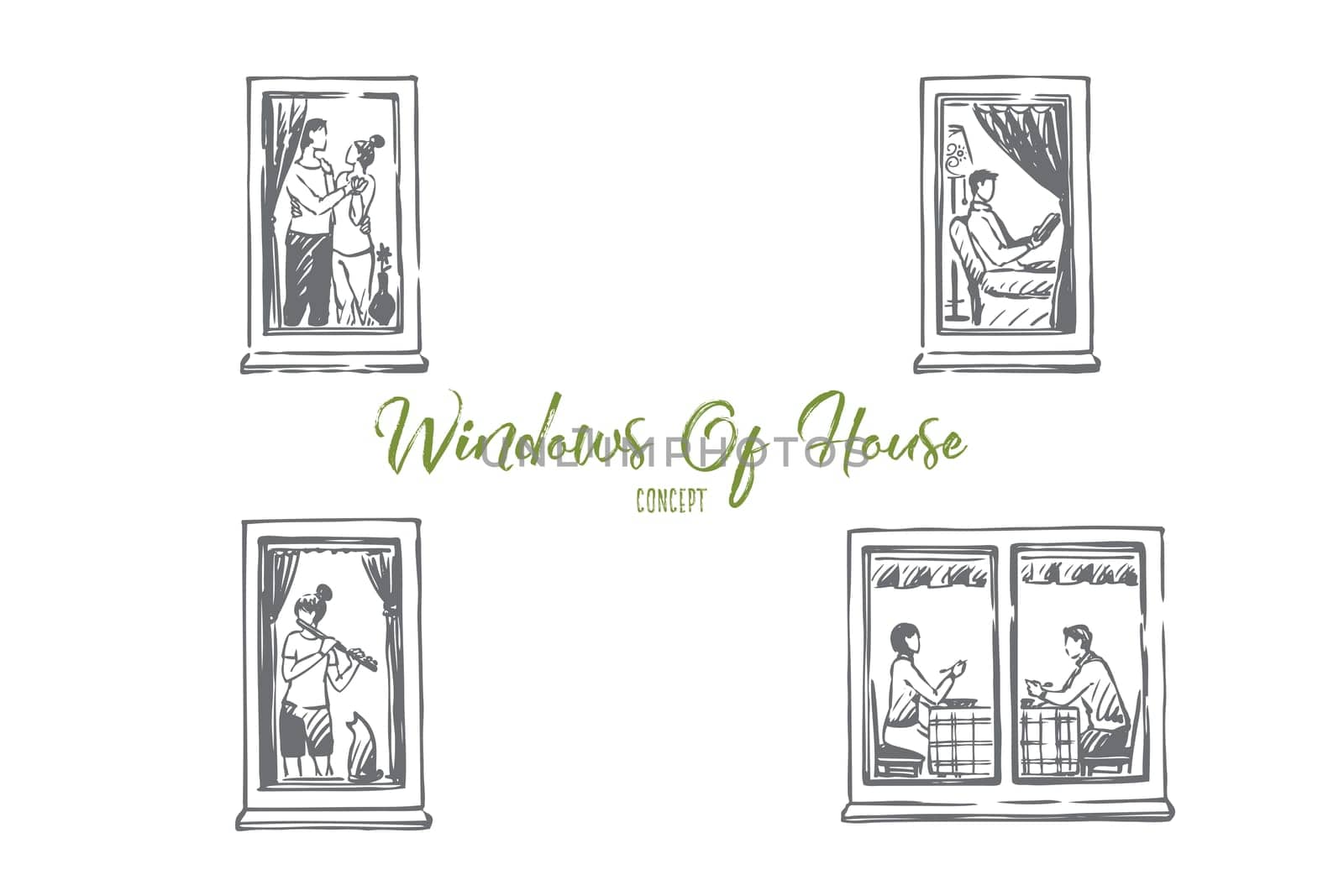 Windows of house - people dancing, reading, playing music, eating in windows of their flats vector concept set. Hand drawn sketch isolated illustration