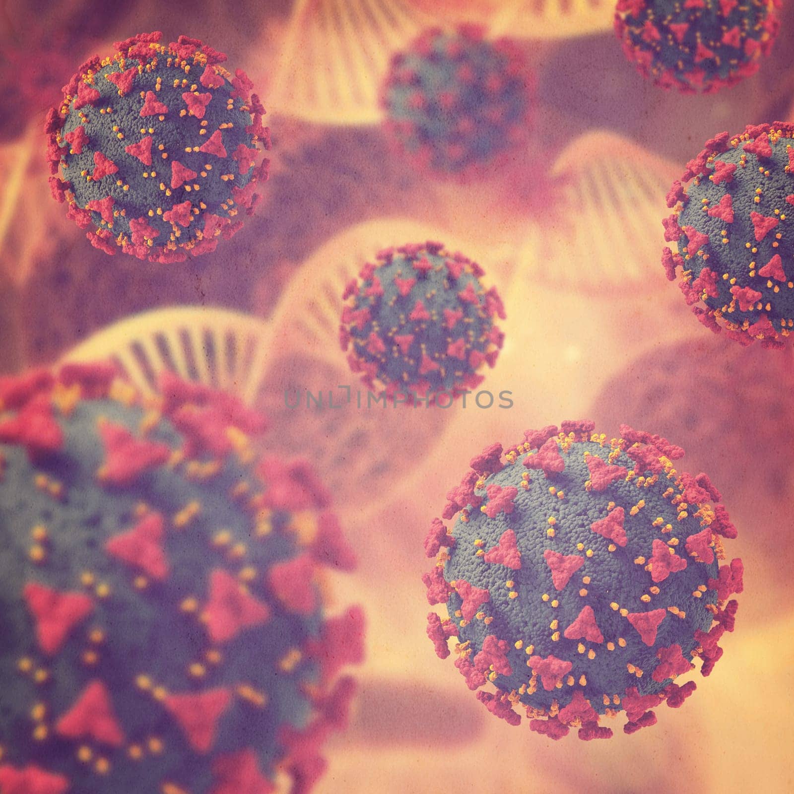 3D render of a medical background with Covid 19 virus cells