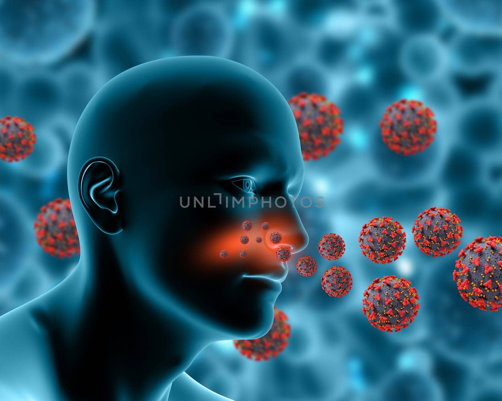 3D render of a medical background showing Covid 19 virus cells infecting male figure