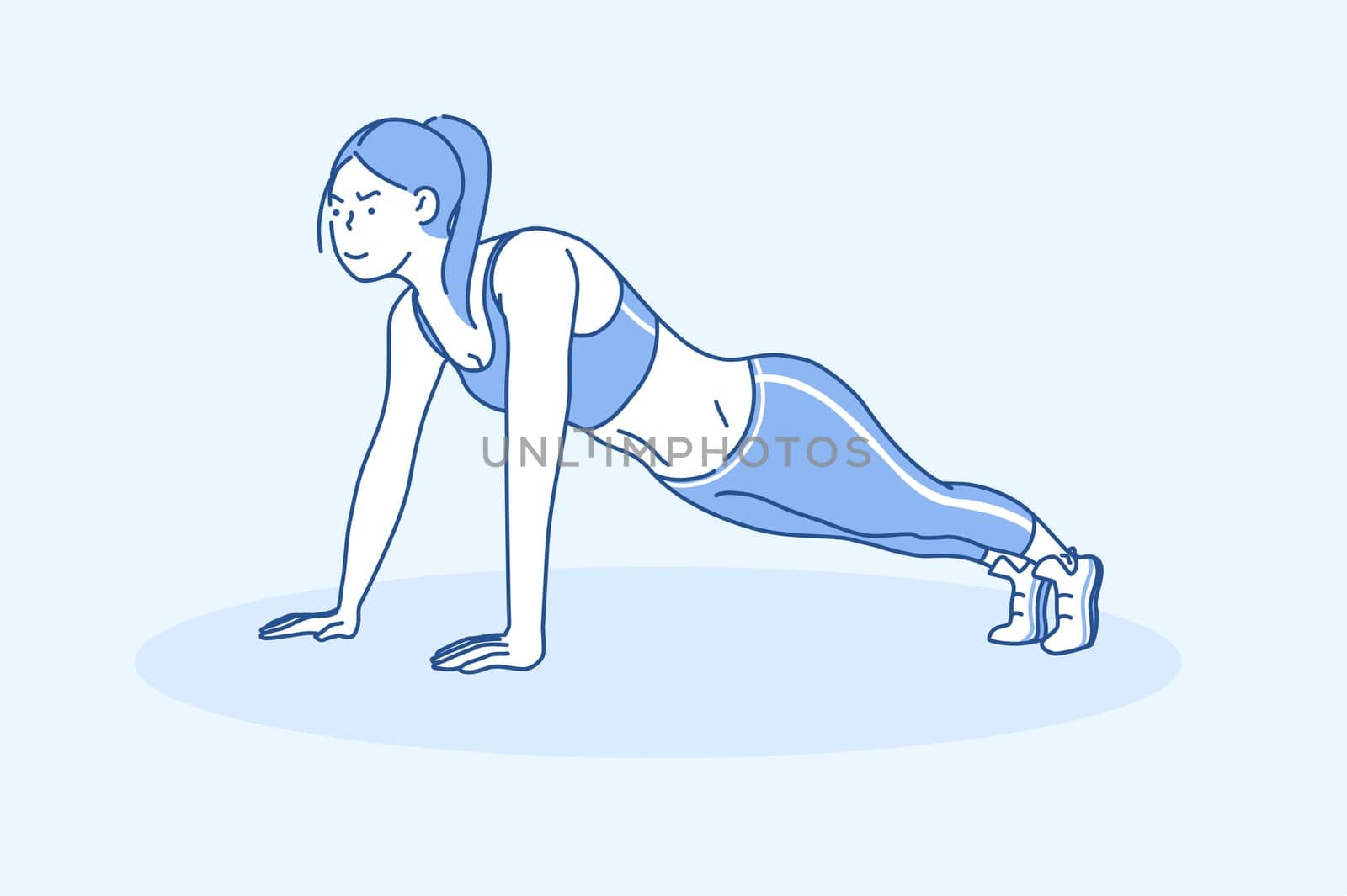 Sport Concept of a Young Beautiful Sport Woman Doing Plank. Strong Athletic girl performs Pushups or Fitness exercises on Yoga home, Gym. healthy lifestyle, be fit and lose weight. Cartoon flat Design Isolated Vector illustration