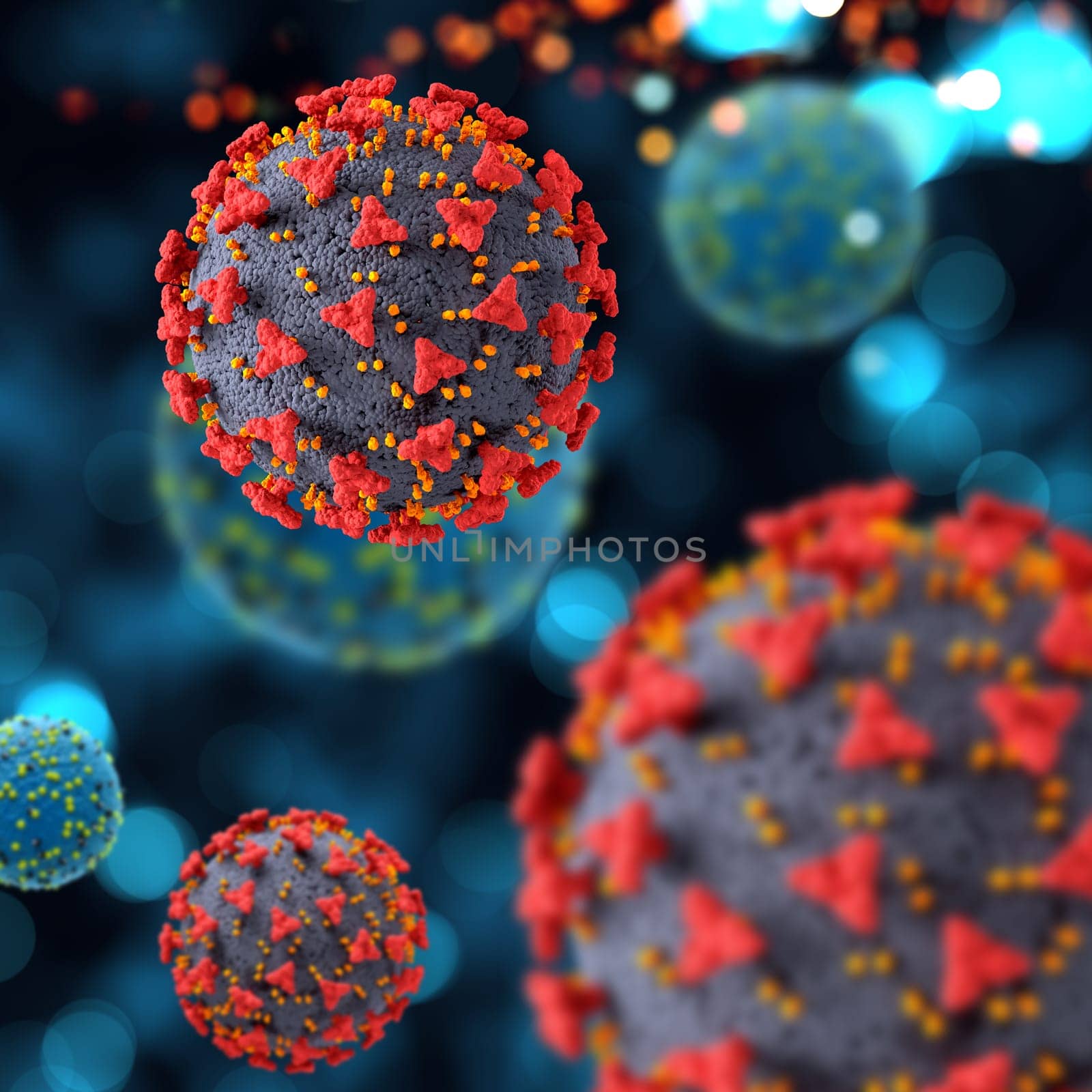3D render of a medical background with Covid 19 virus cells