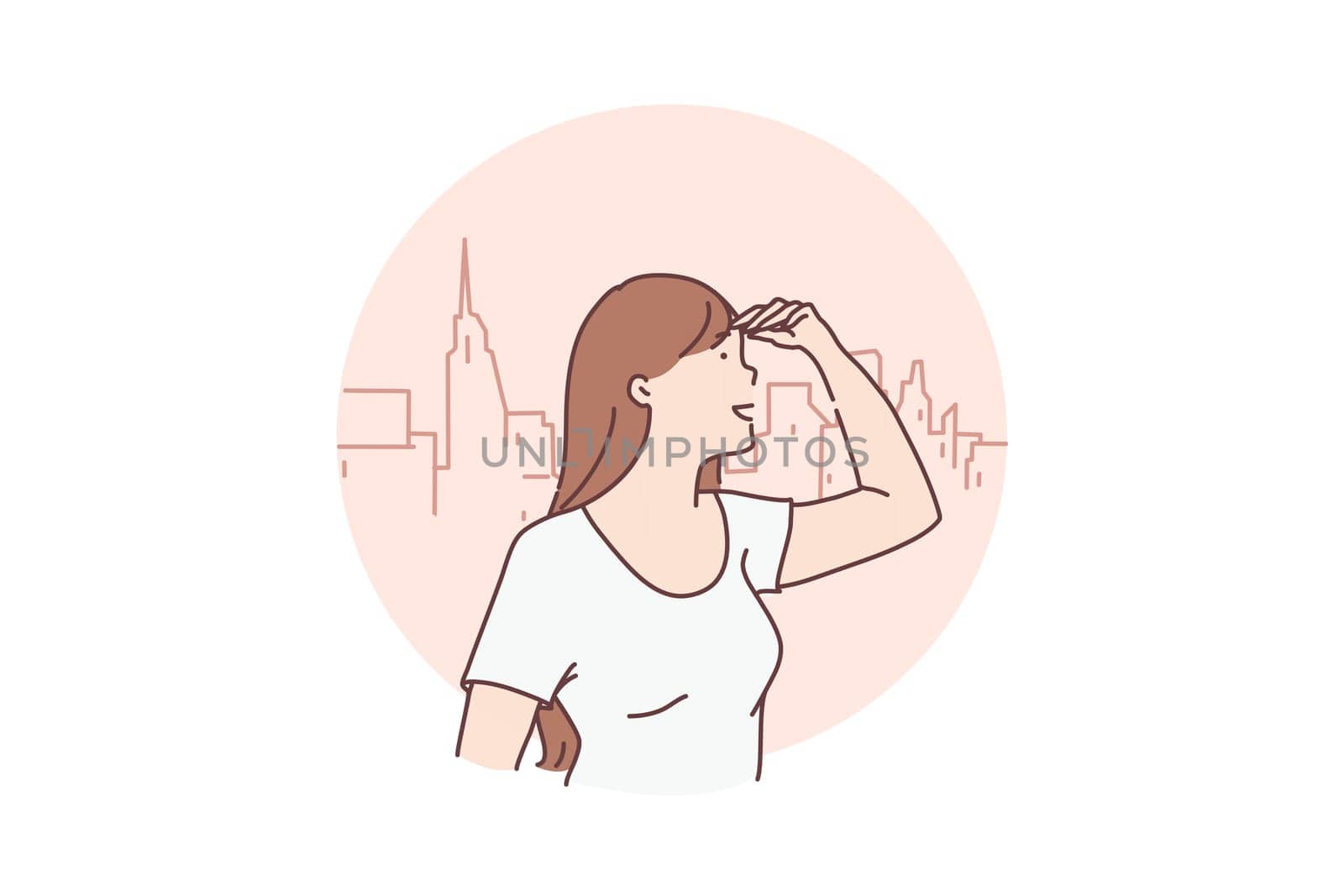 Concept of the young beautiful purposeful woman. Inspired freedom independence girl looking in space or the future with a smile. Teenager student looks for the friends. Cartoon flat Design Isolated Vector illustration