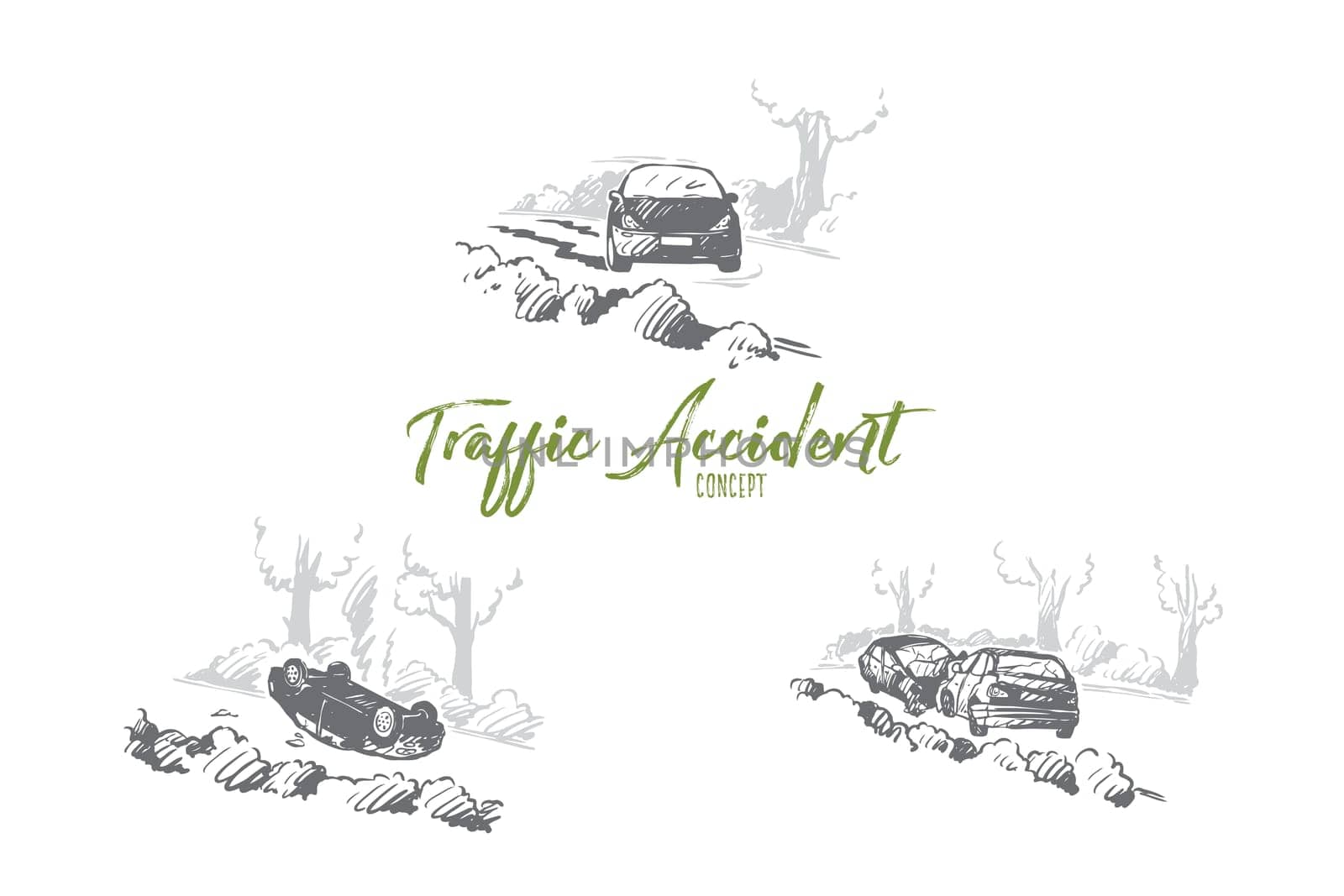 Traffic accident - broken cars at traffic accidents on road outdoors vector concept set. Hand drawn sketch isolated illustration