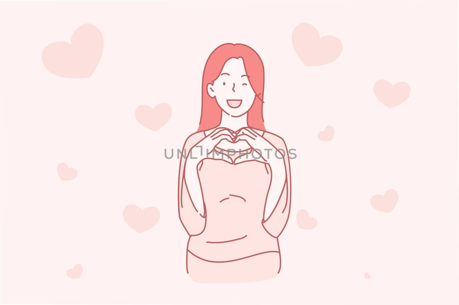 Love, valentines day concept. Young Beautiful Romantic Woman making Heart Shape with her Fingers. Smile face girl wear lifestyle. Cartoon flat Design Isolated Vector illustration
