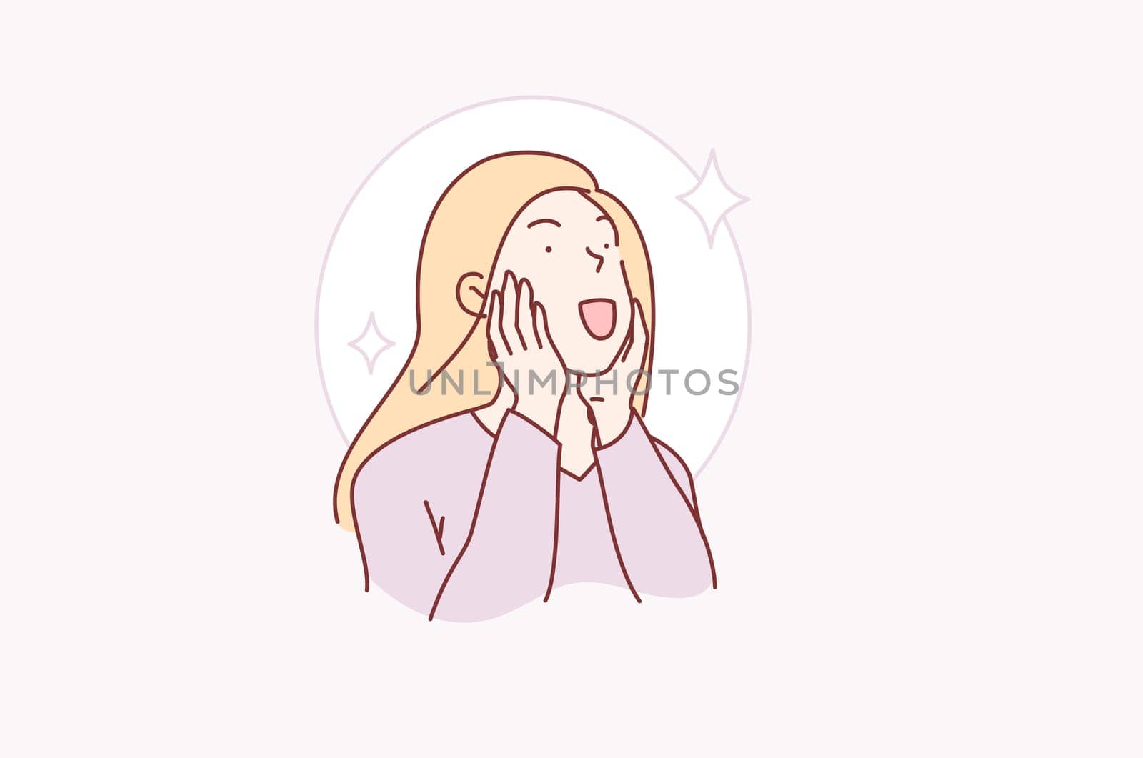 Concept WOW, surprised young happy woman. Beautiful cute girl is pleasantly excited by the gift. Good emotions of happiness. Cartoon flat Design Isolated Vector illustration