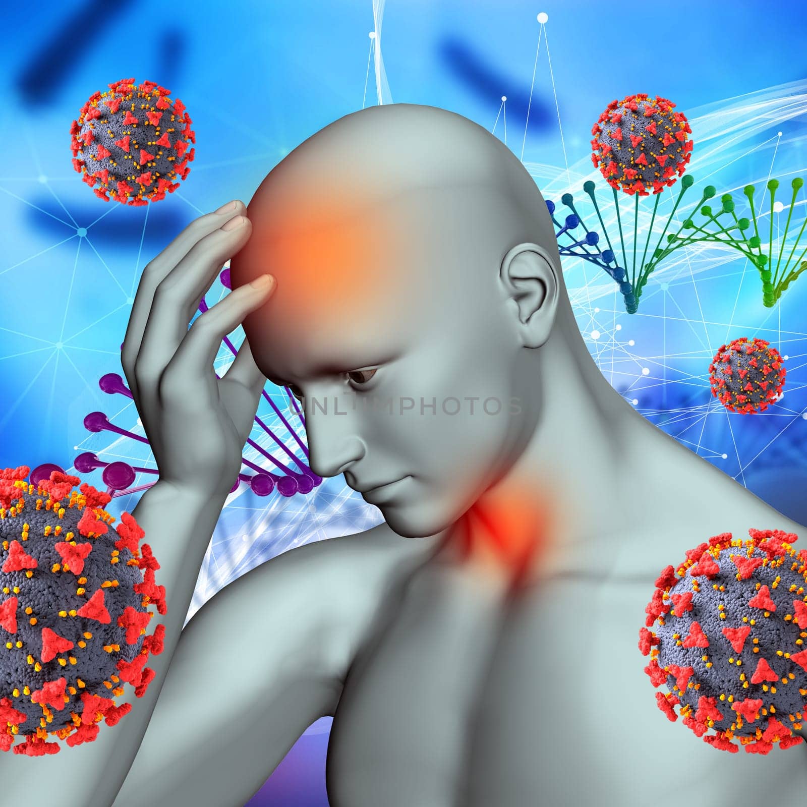 3D render of a medical background with Covid 19 virus cells and male figure with fever and sore throat