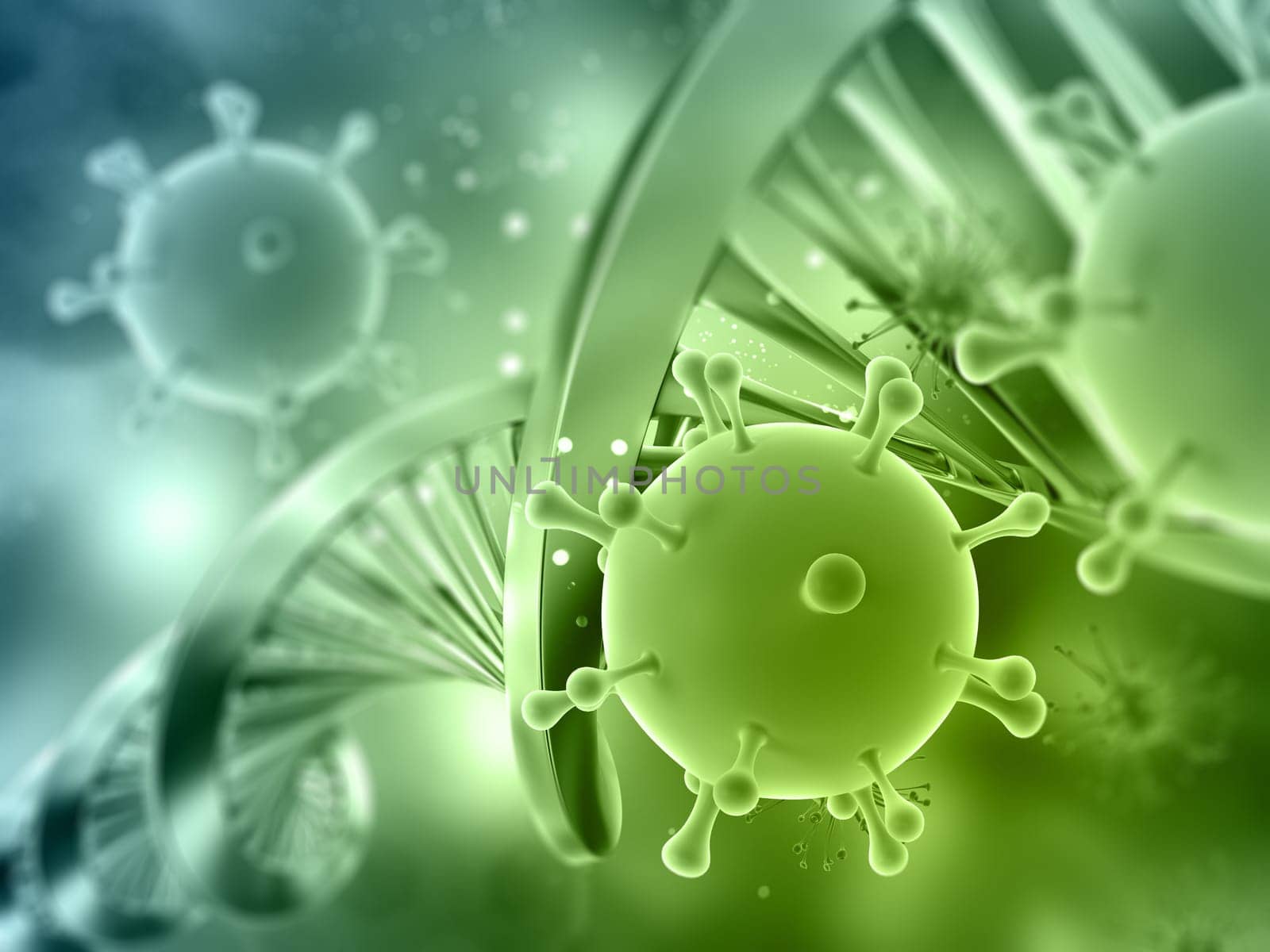 3D render of a medical background with DNA strand and virus cells - Covid 19 pandemic