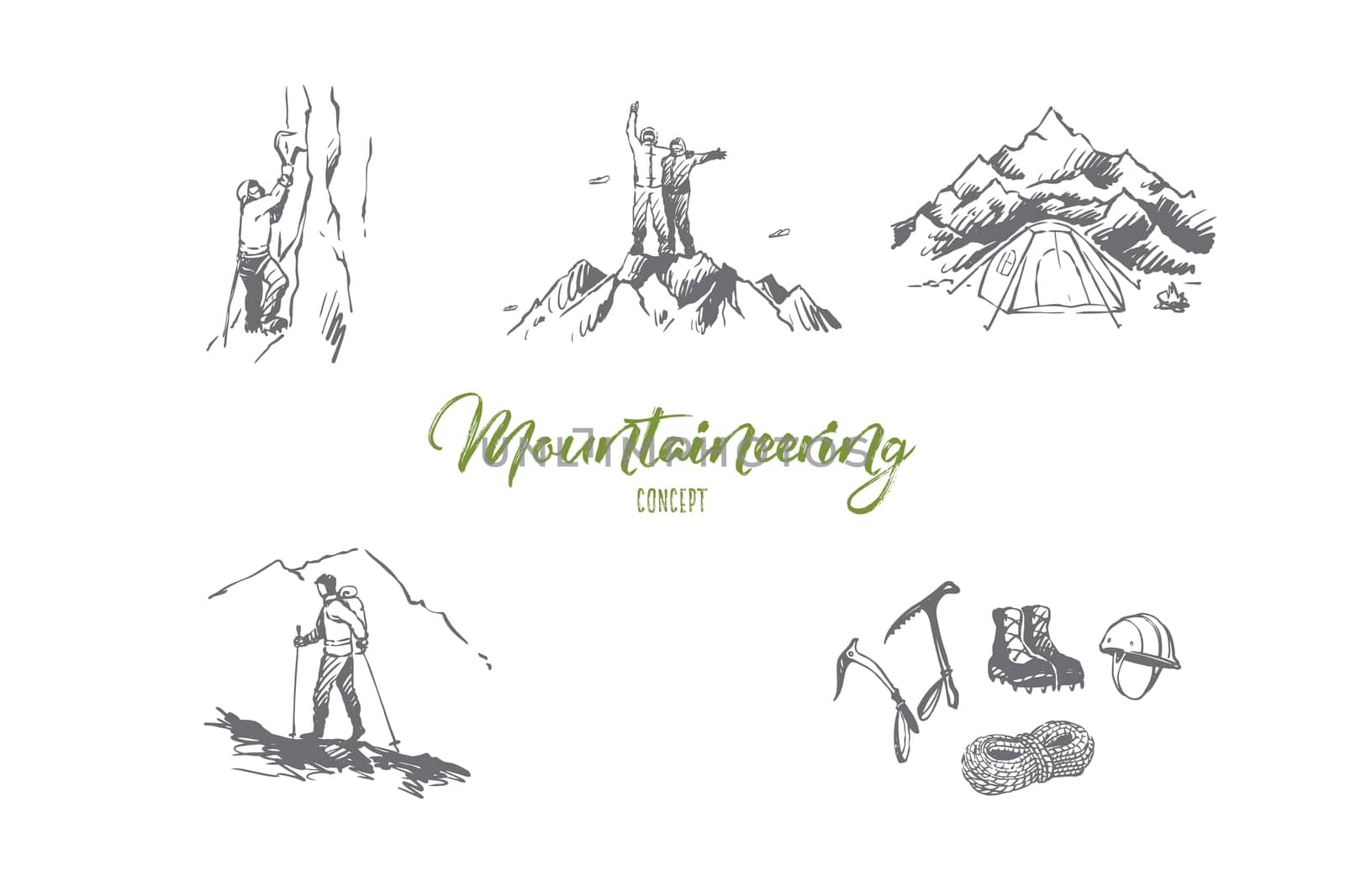 Mountaineering - sportsmen climbing mountains, camping and special equipment vector concept set. Hand drawn sketch isolated illustration