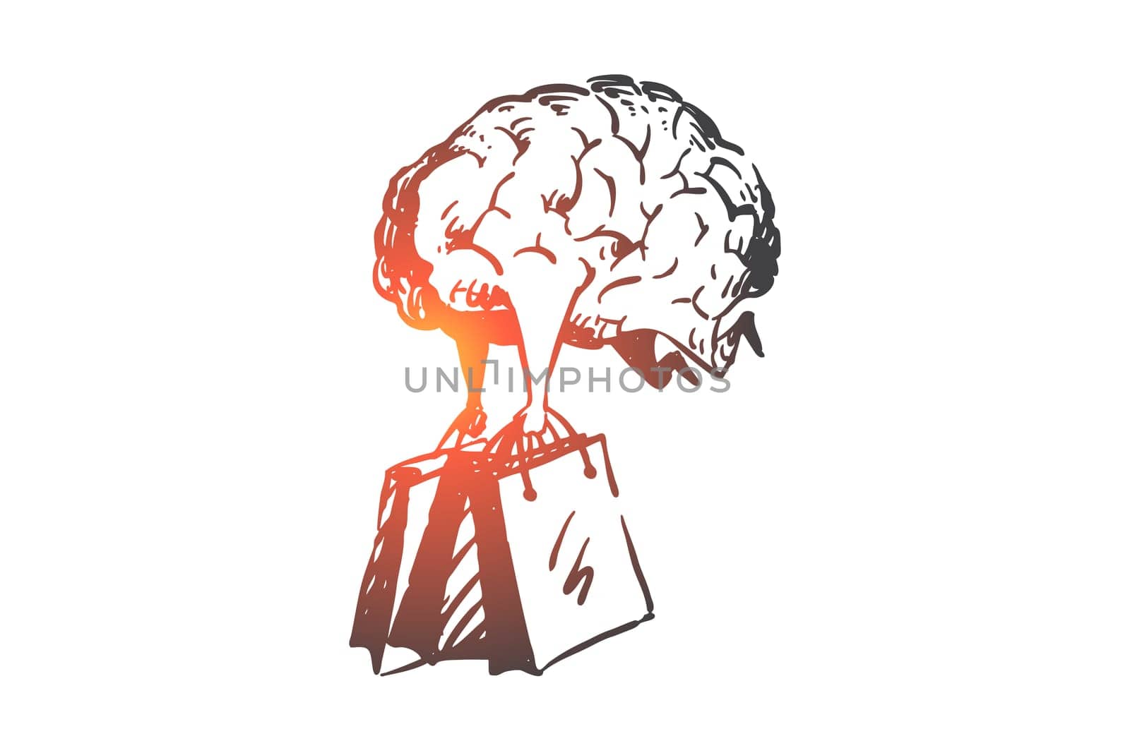 Shopping addiction, consumerism concept sketch. Purchases obsession, shopaholic, modern psychological problem creative metaphor, shop customer, shopper brain carrying bags. Hand drawn isolated vector