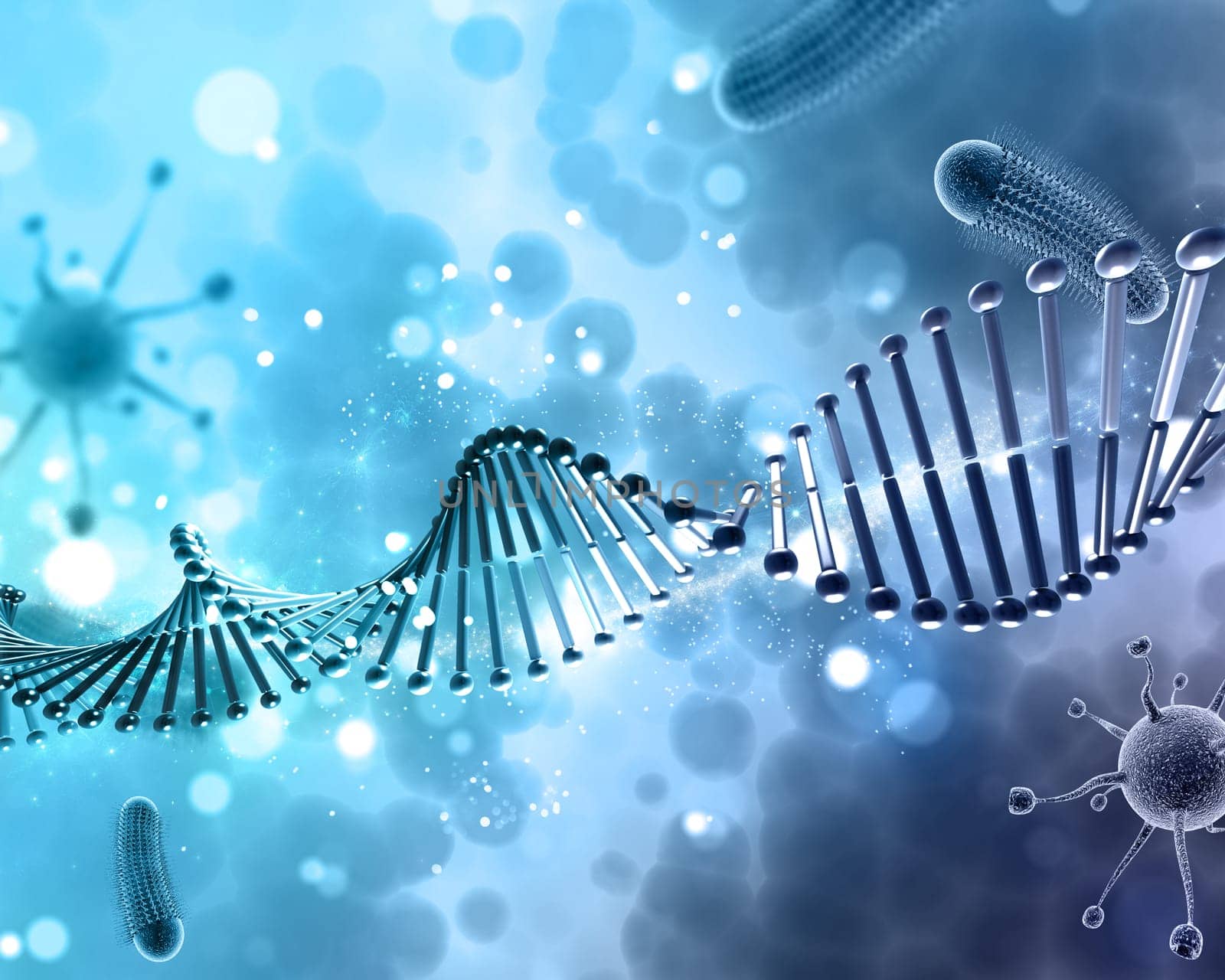 3D render of a medical background with DNA strand and virus cells