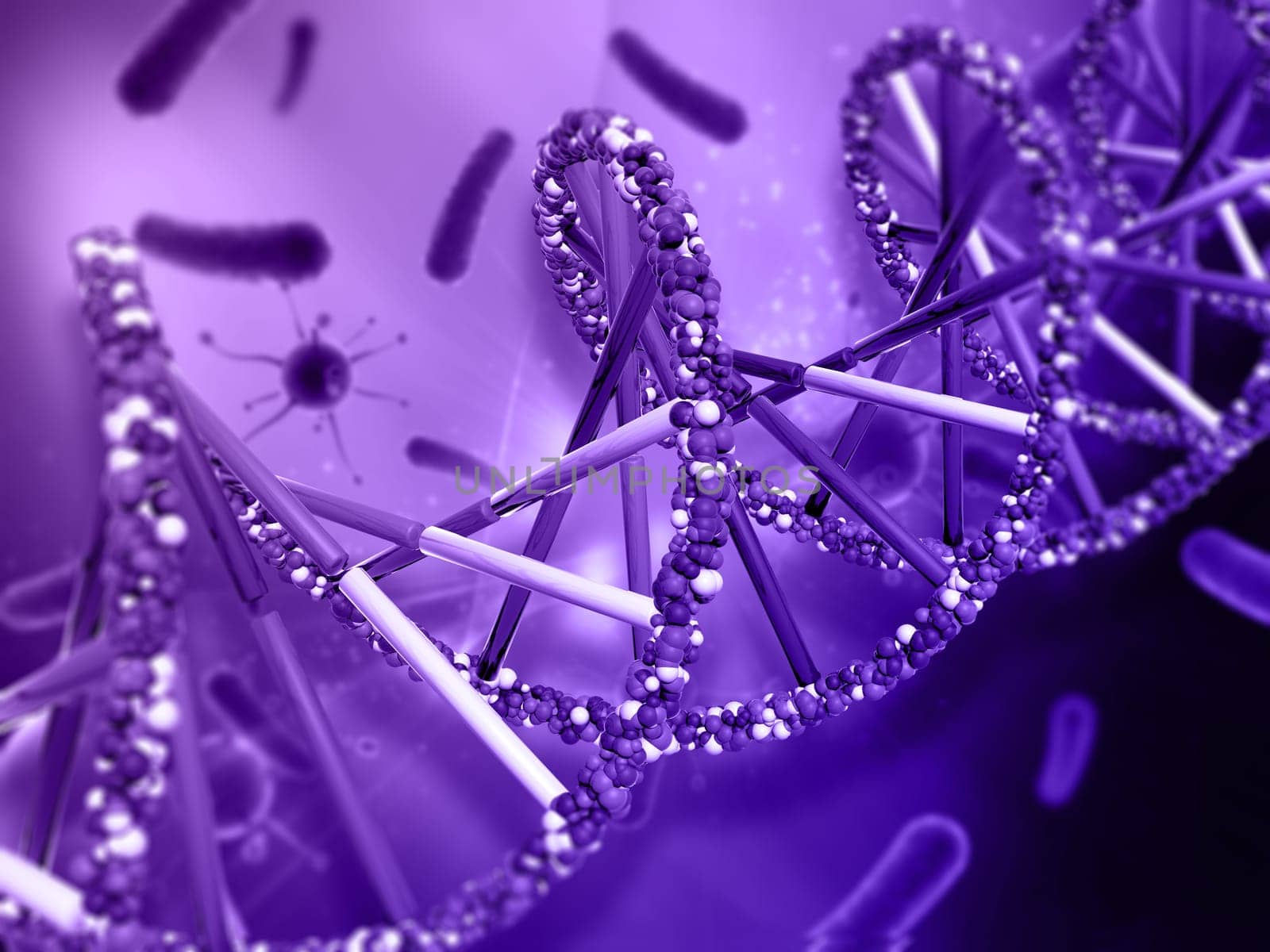 3D render of a medical background with DNA strand and virus cells