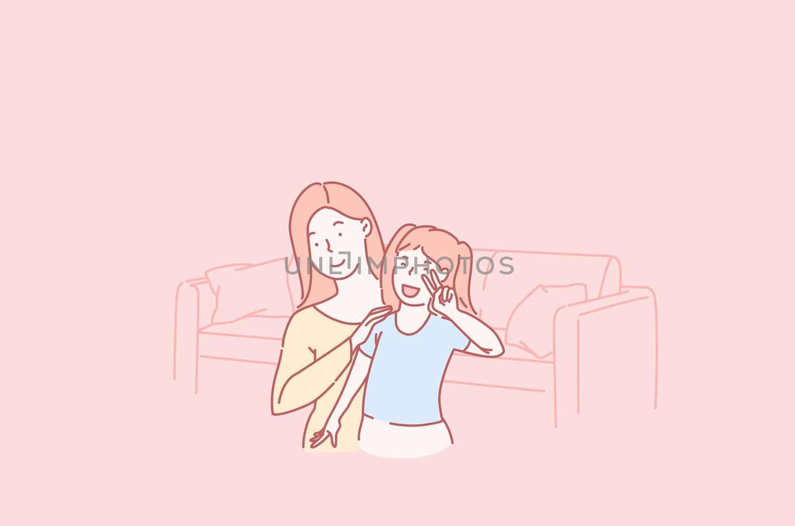 Concept Happy Family, Love, Parent and Child Relationship. Mother and child Daughter playing having fun together. Beautiful funny girl and mommy fun. Mothers day holiday. Cartoon flat Design Isolated Vector illustration