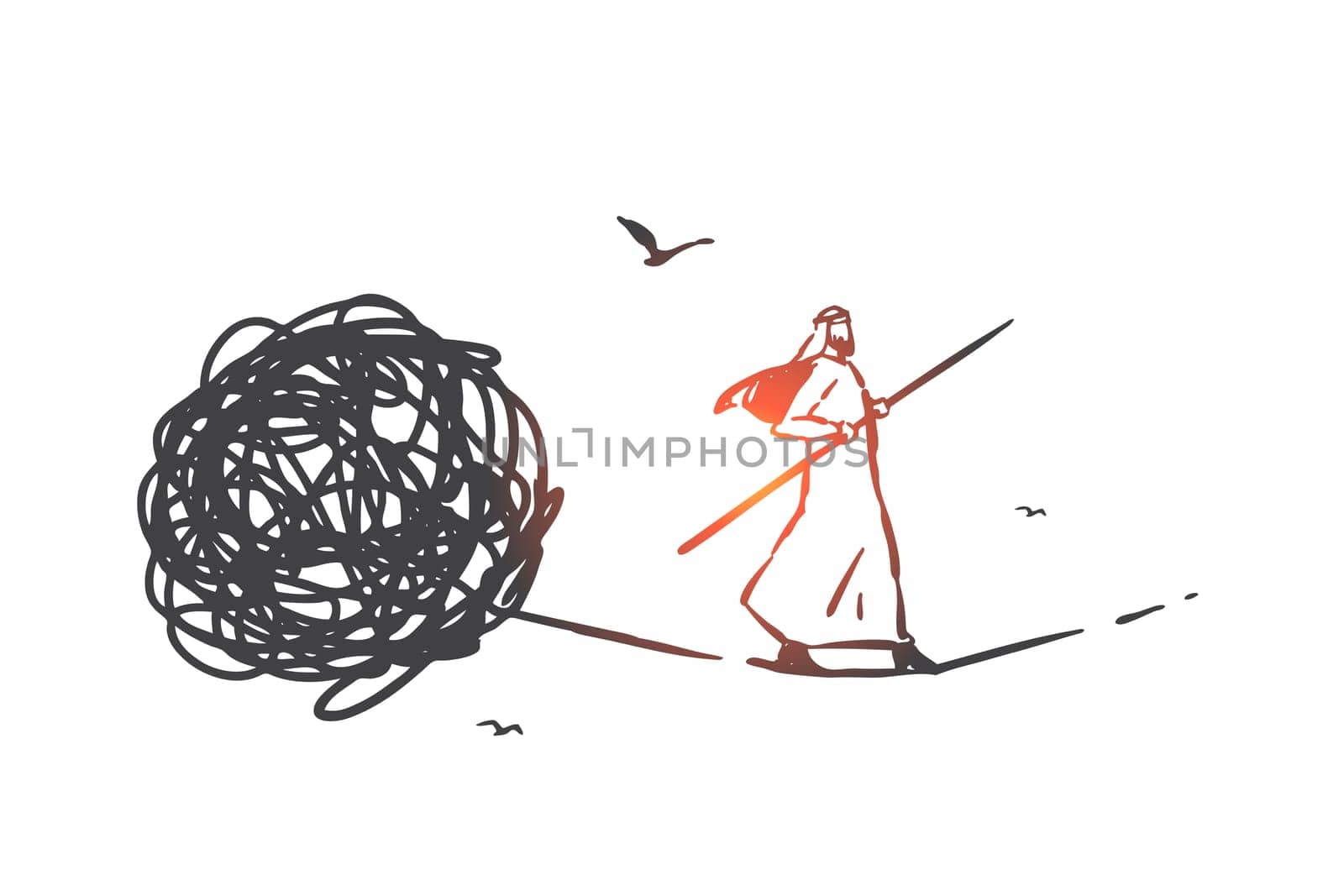 Problem solving, psychotherapy concept sketch. Crisis management, psychological therapy metaphor, arab businessman balancing on rope, muslim man walking away from problem. Hand drawn isolated vector
