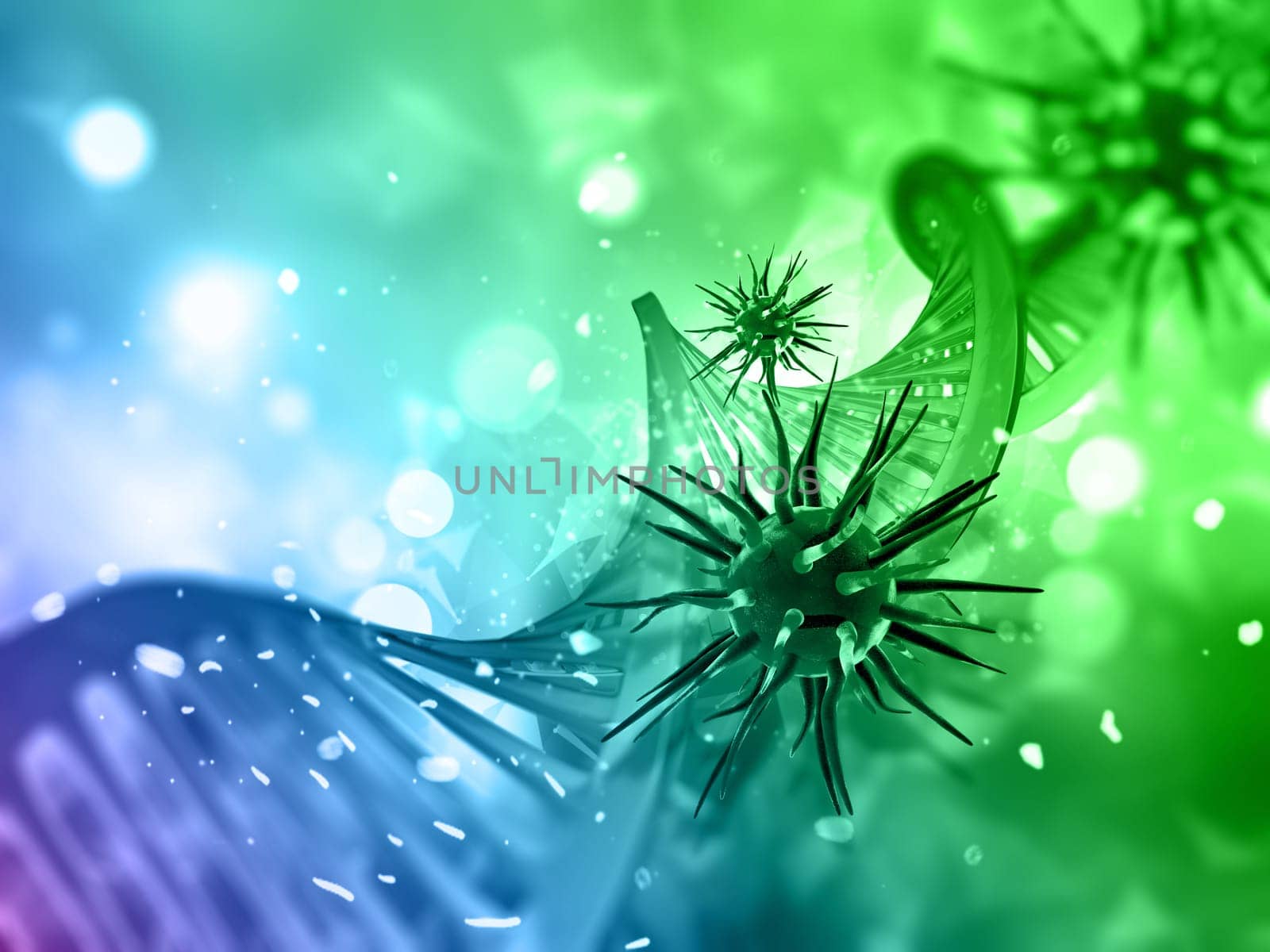 3D render of a medical background with DNA strand and virus cells