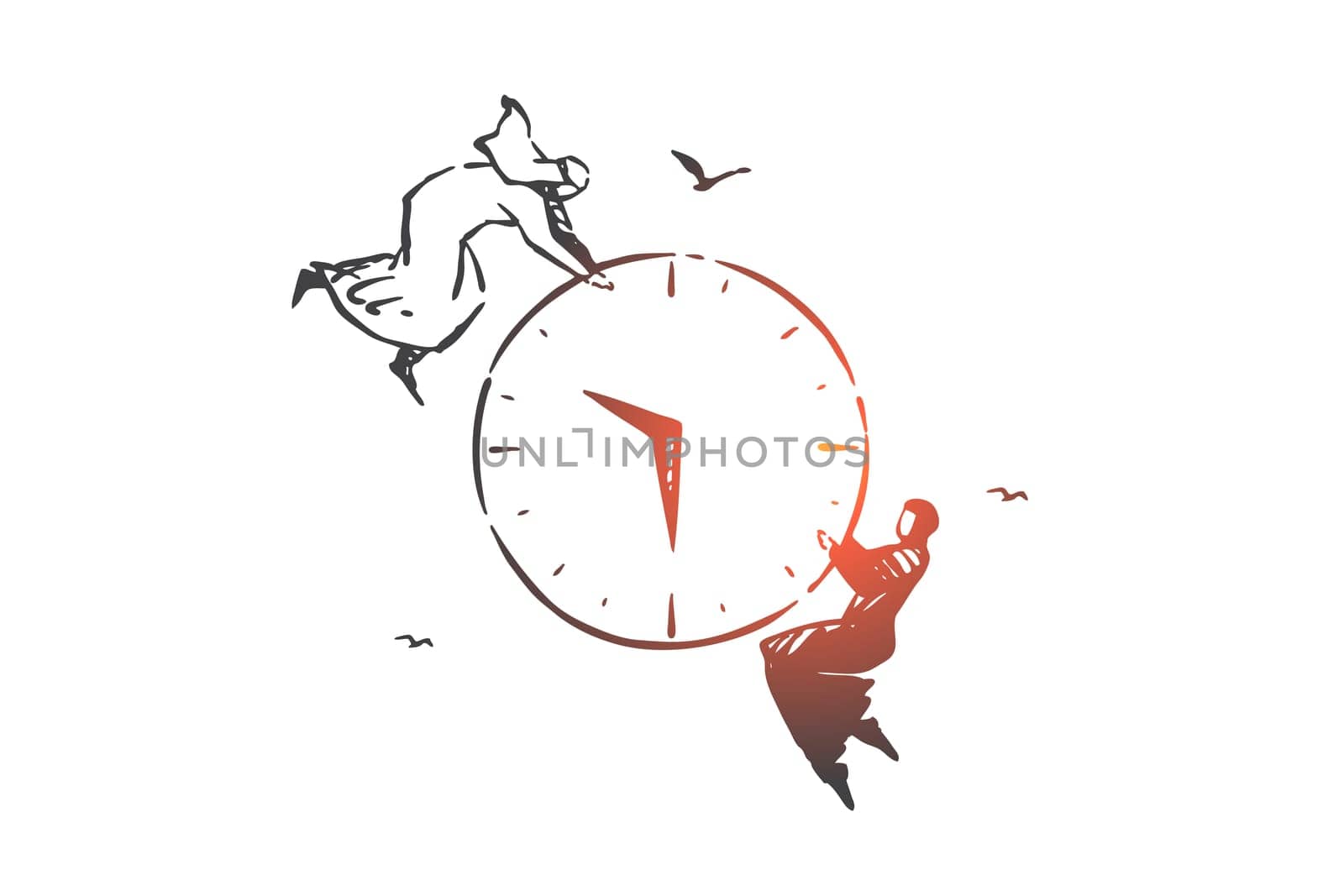 Time management, teamwork concept sketch. Business efficiency optimization, productivity increase metaphor, arab businessman and businesswoman, muslim colleagues with clock. Hand drawn isolated vector