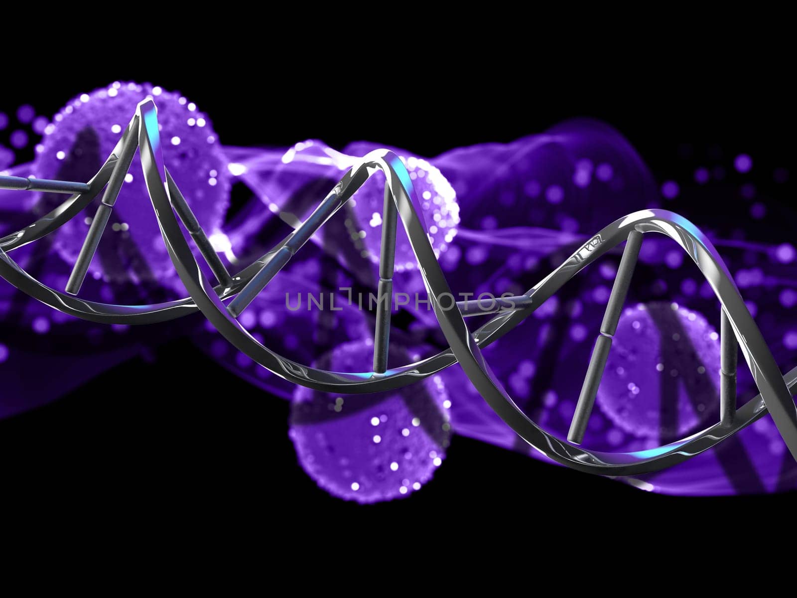 3D render of a medical background with DNA strand on defocussed virus cells