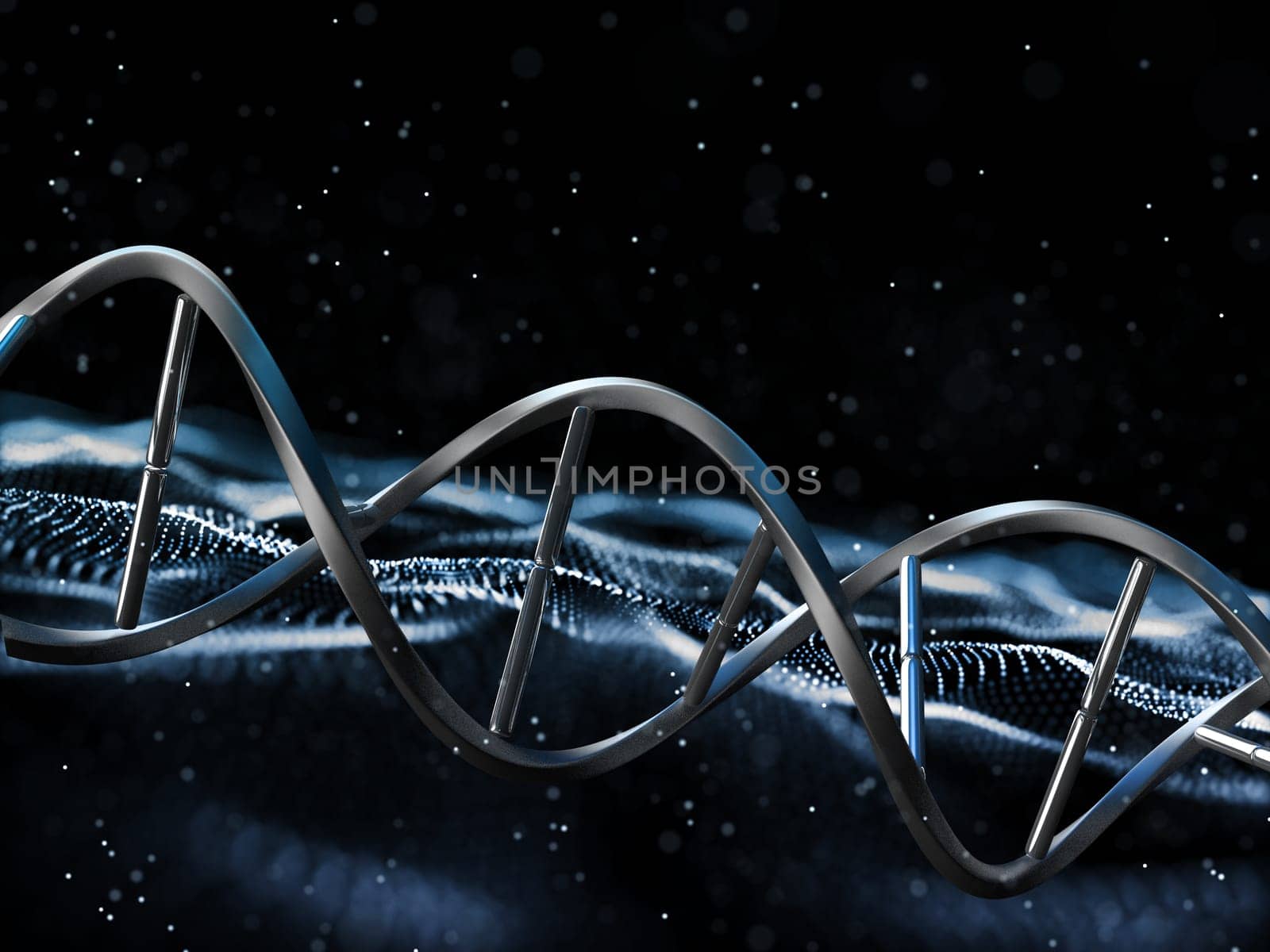 3D render of a medical background with DNA strand on particles design