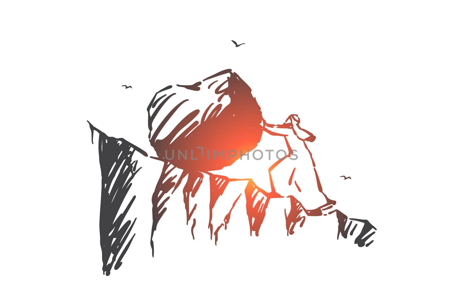 Business challenge, hard work concept sketch. Ambitious Arab man pushing huge stone to mountain top, Muslim businessman overcoming difficulties, Sisyphus work metaphor. Hand drawn isolated vector