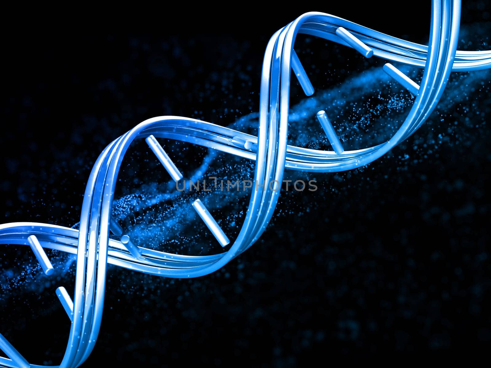 3D render of a medical background with DNA strand on particle design