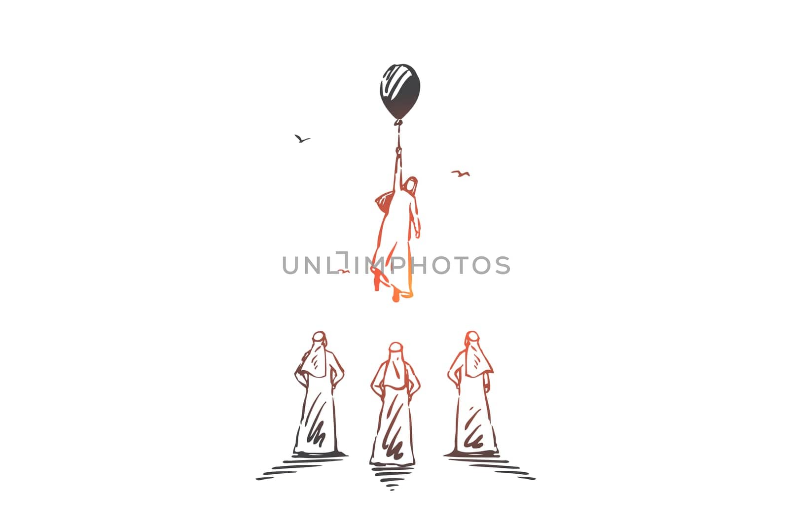 Leadership, ambitions, aspirations concept sketch. Business success achievement, career, personal growth metaphor, arab businessman, muslim man flying up on balloon. Hand drawn isolated vector