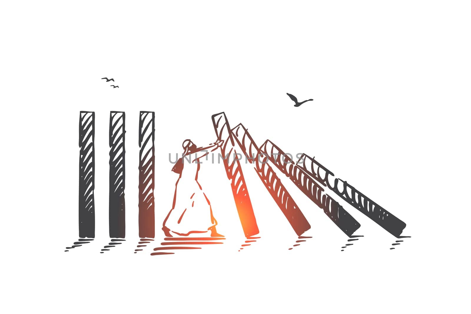 Preventing destruction and chaos, maintaining stability concept sketch. Arab businessman stopping domino effect, Muslim man protecting traditional values metaphor. Hand drawn isolated vector