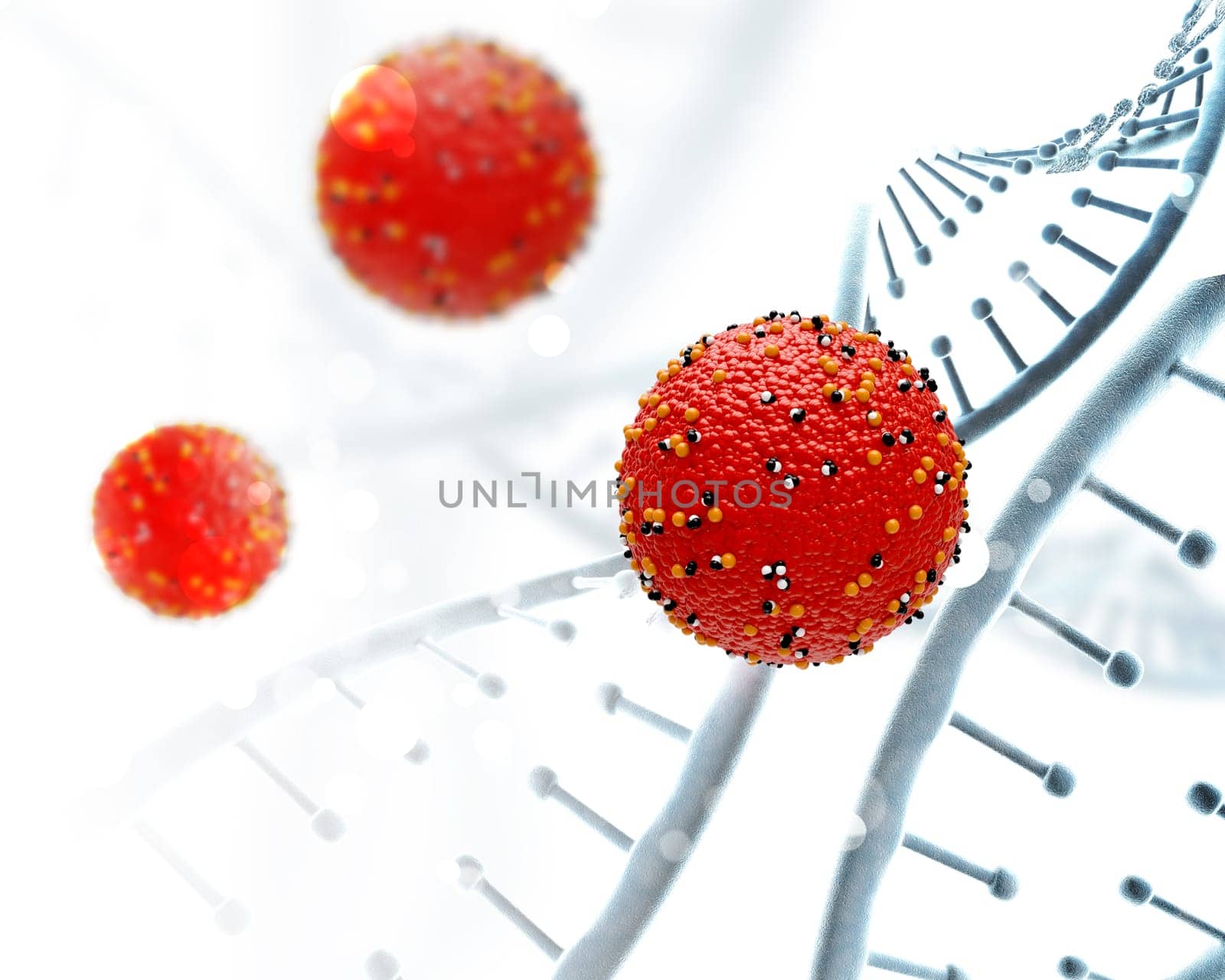 3D render of a medical background with DNA strands and virus cells