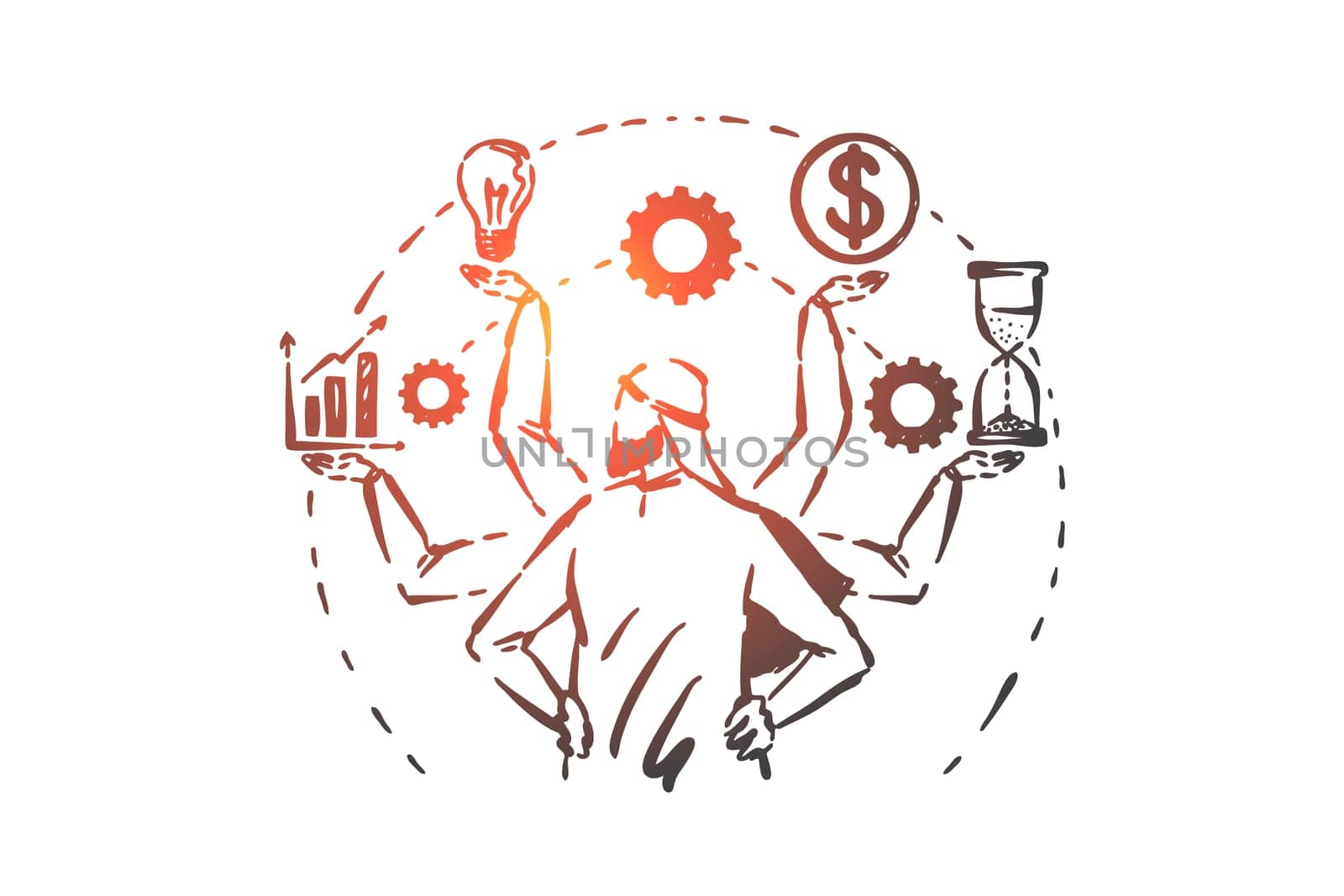 Multitasking, time management concept sketch. Many armed Arab businessman controlling company financial activity, planning profit, Shiva-like Muslim CEO launching startup. Hand drawn isolated vector