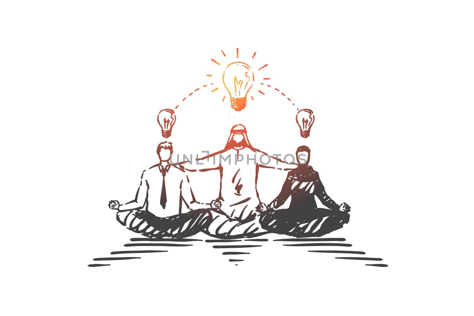 Sharing creative ideas, brainstorming concept sketch. Muslim businessman teamwork, discussing business project with partners, Arab, caucasian people coworking in startup. Hand drawn isolated vector