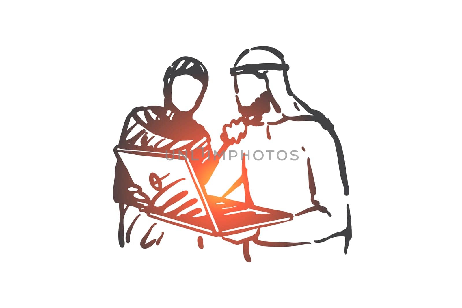 Business meeting, teamwork and cooperation concept sketch. Muslim business partners watching presentation on laptop, Arab workers, colleagues discussing project. Hand drawn isolated vector