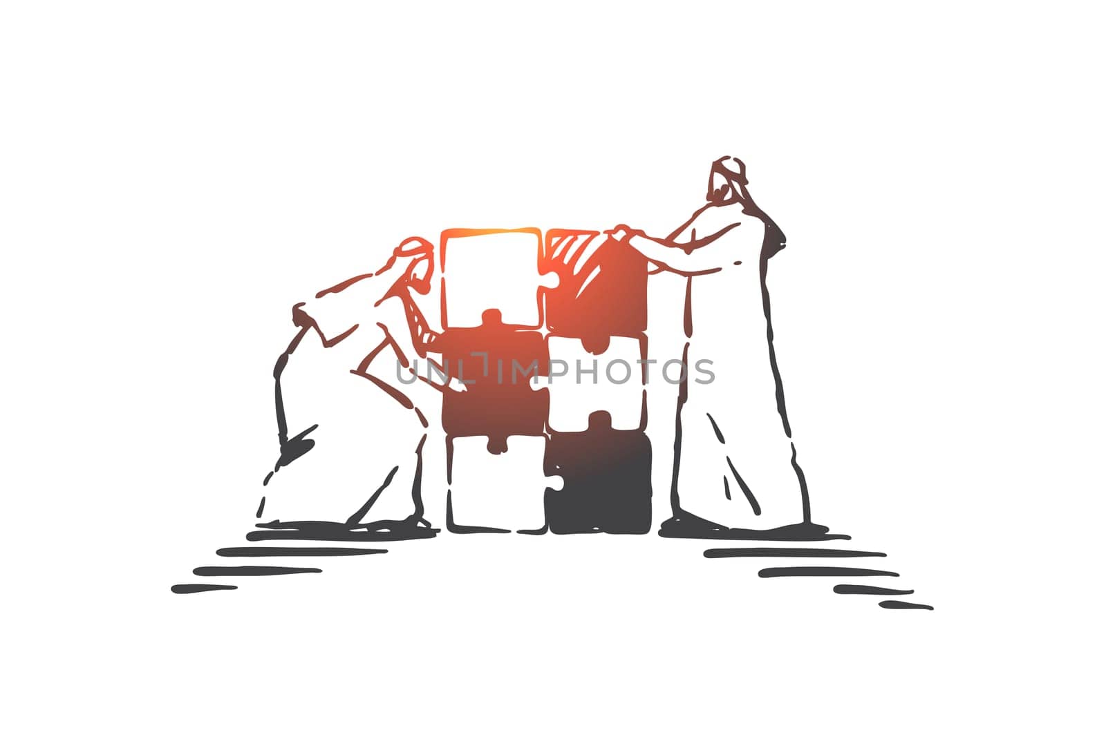 Team building exercise concept sketch. Business partnership, teamwork, coworking metaphor, arab businessmen working together, muslim people assembling jigsaw puzzle. Hand drawn isolated vector