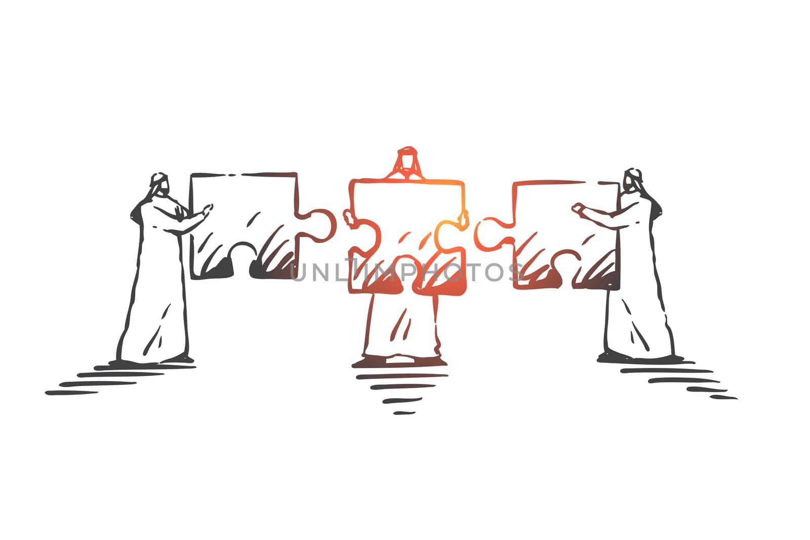 Teamwork, cooperation, coworking concept sketch. Arab businessmen, partners putting puzzle pieces together., problem solving in project management metaphor. Hand drawn isolated vector