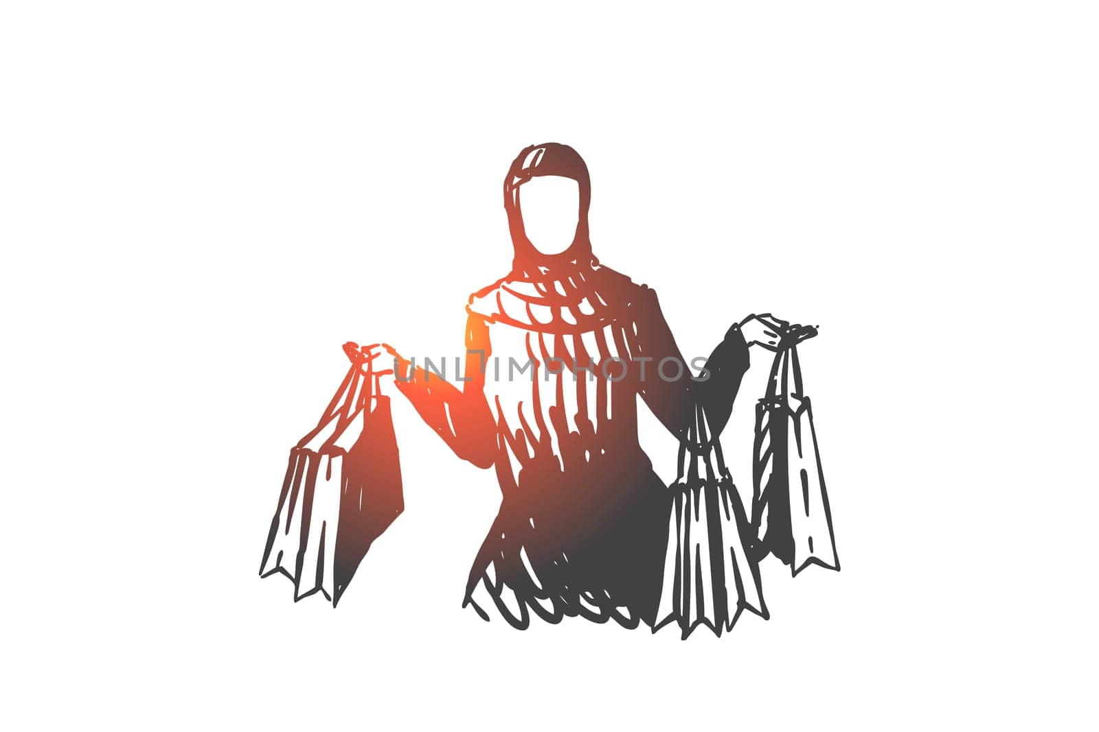 Muslim woman enjoying shopping concept sketch. Arab shopaholic holding paper bags with purchases, successful business woman spending money, happy lady visiting boutiques. Hand drawn isolated vector