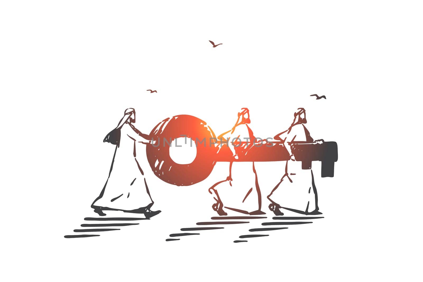 Business cooperation, coworking concept sketch. Teamwork, colleagues partnership, creative metaphor, arab people work together, muslim businessmen team carrying huge key. Hand drawn isolated vector