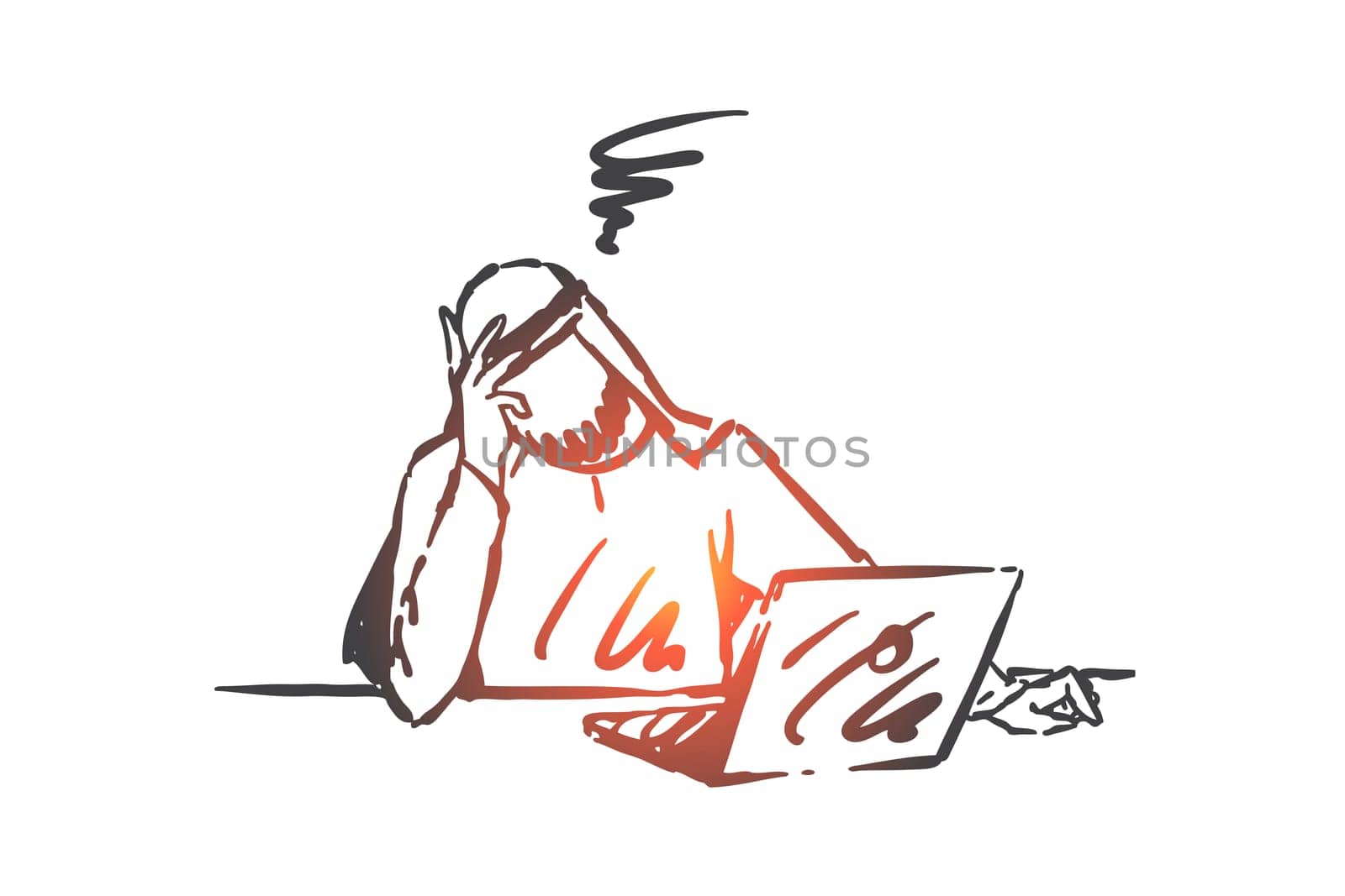 Stress, depression, burnout concept sketch. Headache, business crisis, fatigue, exhausted arab businessman working overtime, tired muslim office worker under pressure. Hand drawn isolated vector
