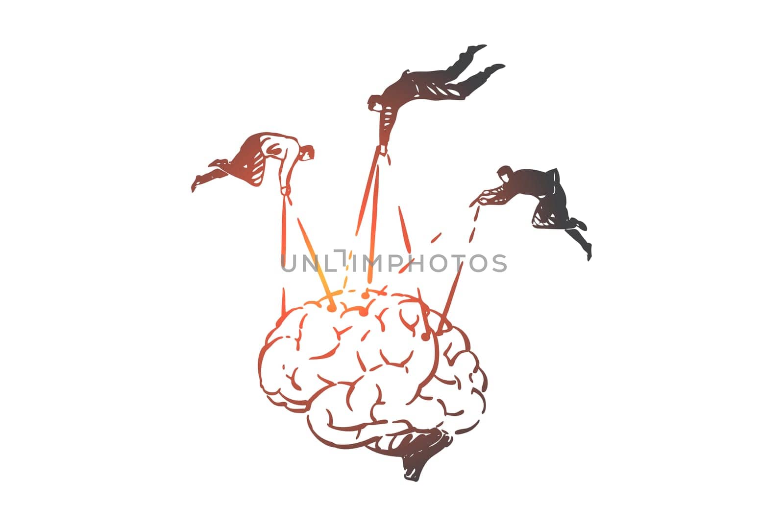 Manipulating human thinking, propaganda concept sketch. People pulling strings in brain, controlling mental activity, men influencing decision making process. Hand drawn isolated vector