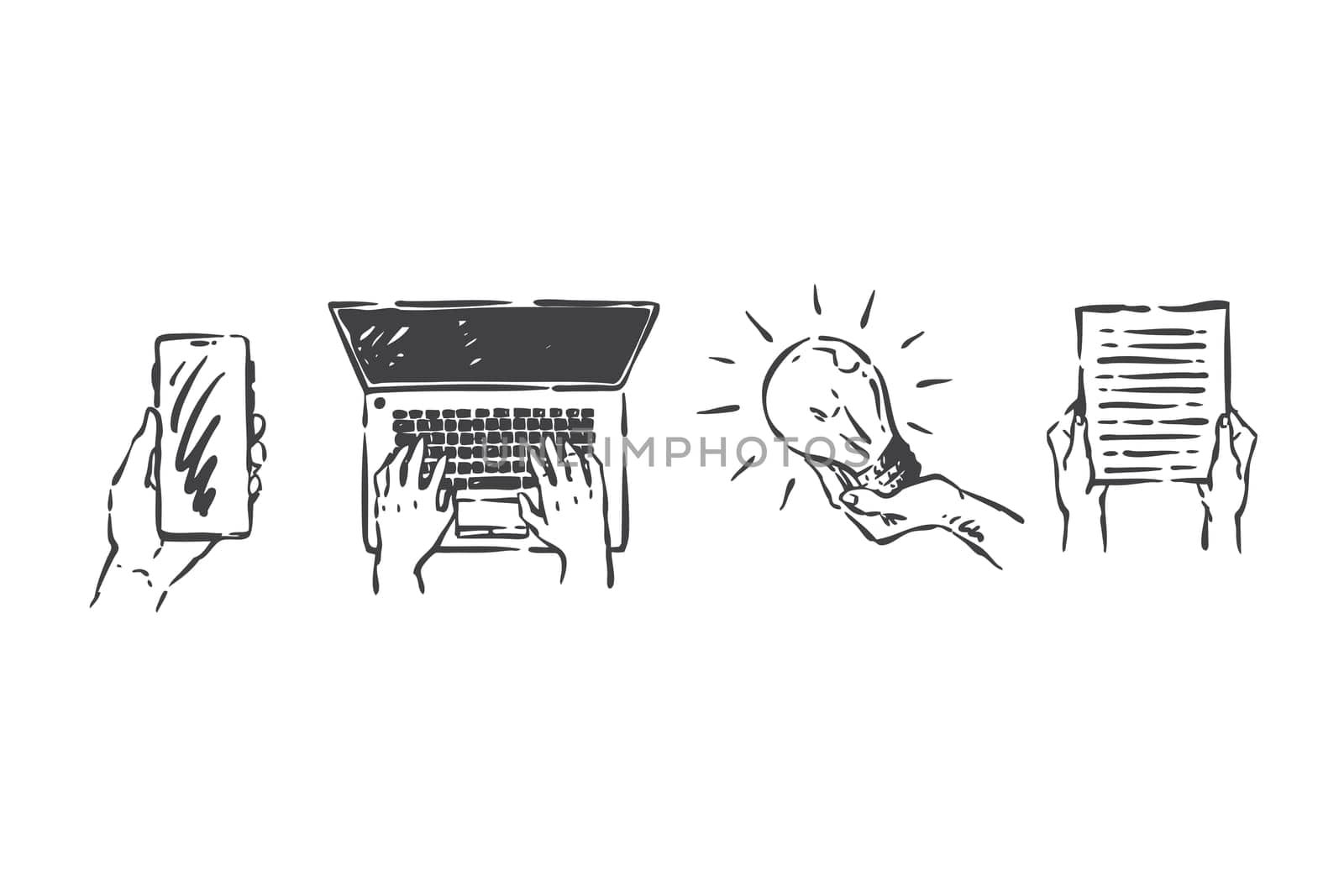 Gadgets in hands, access to information concept sketch. Document, smartphone in palm, fingers typing on laptop keyboard, lightbulb in hand, innovative idea metaphors set. Hand drawn isolated vector