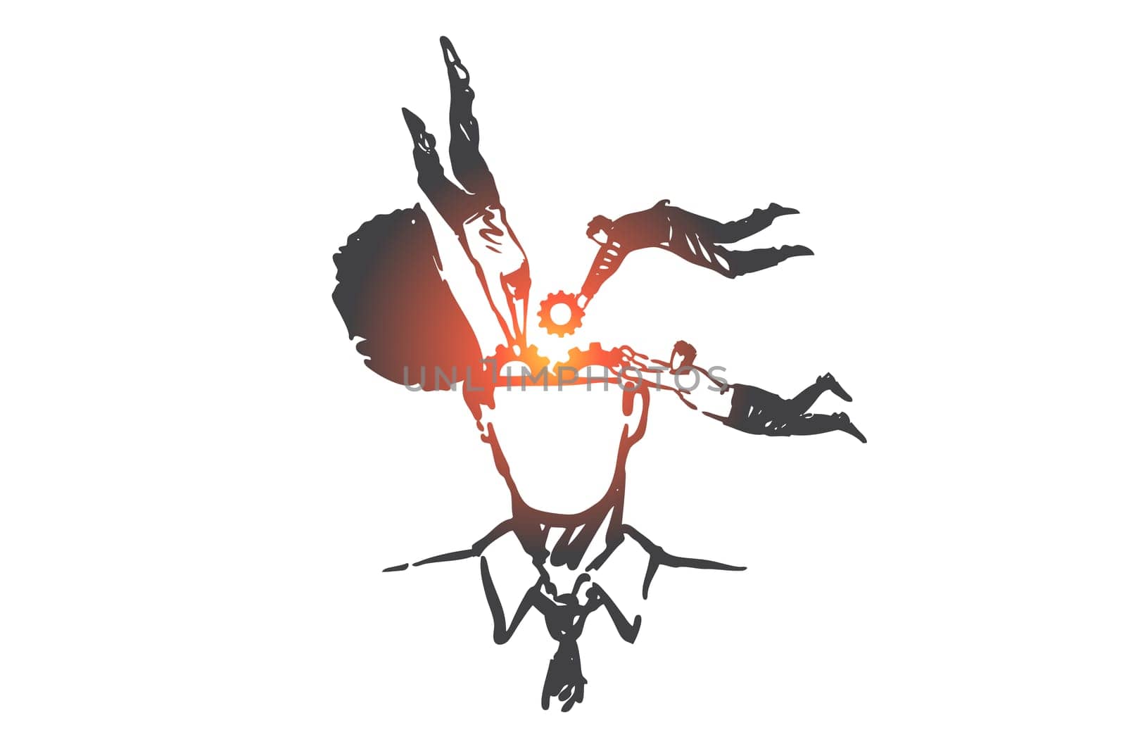 Brainstorming process, teamwork, collaboration concept sketch. Coworkers offering ideas, placing cogwheels inside human head, searching logical solution, decision. Hand drawn isolated vector