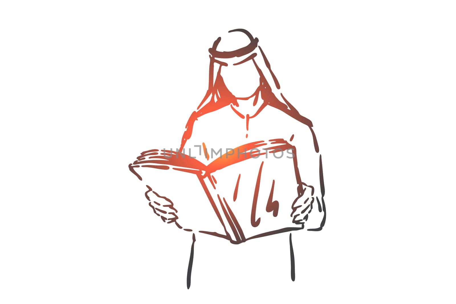 Literature hobby, education concept sketch. Intellectual leisure, knowledge gaining, learning process, arab student holding open textbook, muslim man reading book. Hand drawn isolated vector