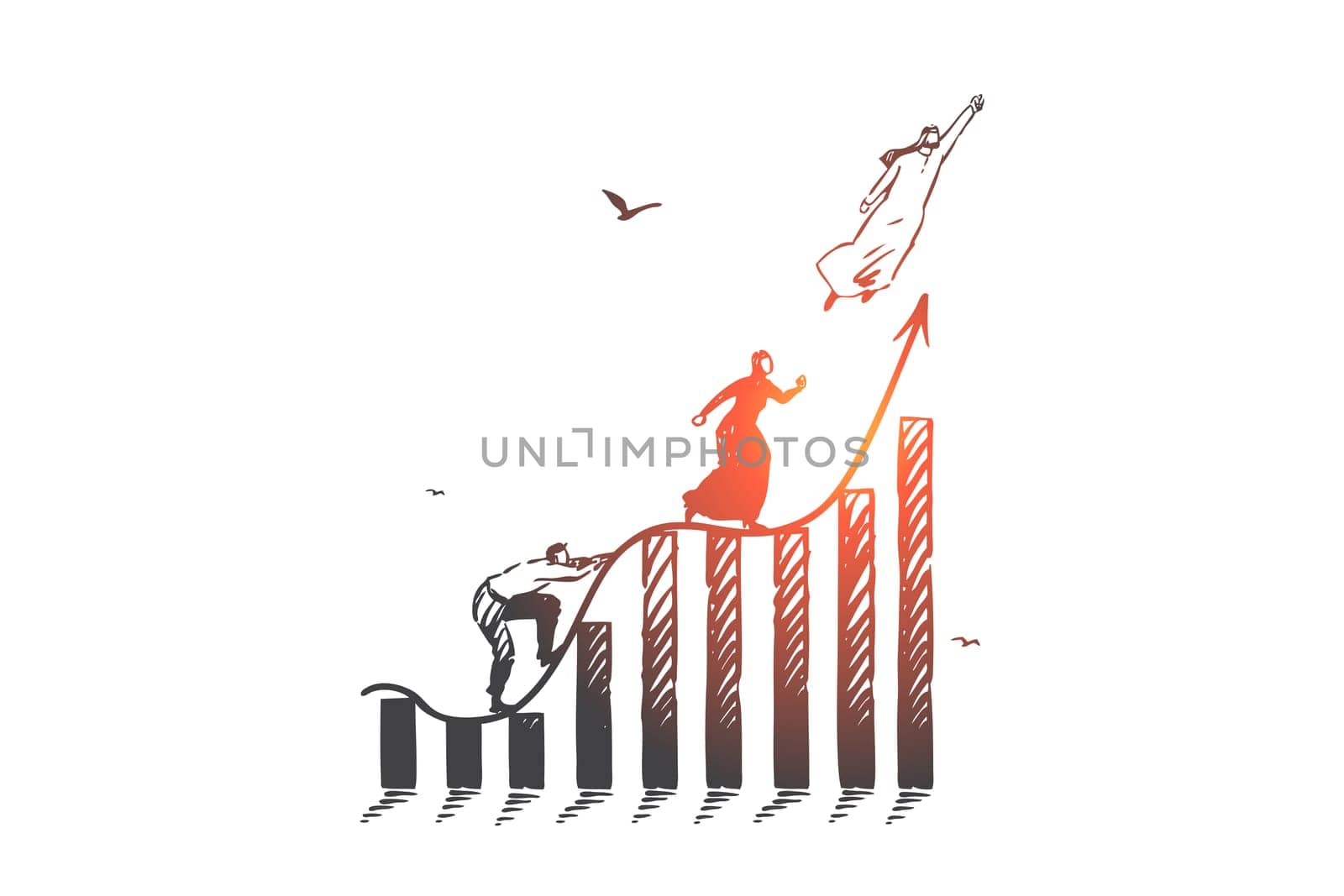Career ladder, competition concept sketch. Business aspirations, job promotion, corporate growth metaphor, muslim people, arab businessmen and businesswoman climbing graph. Hand drawn isolated vector
