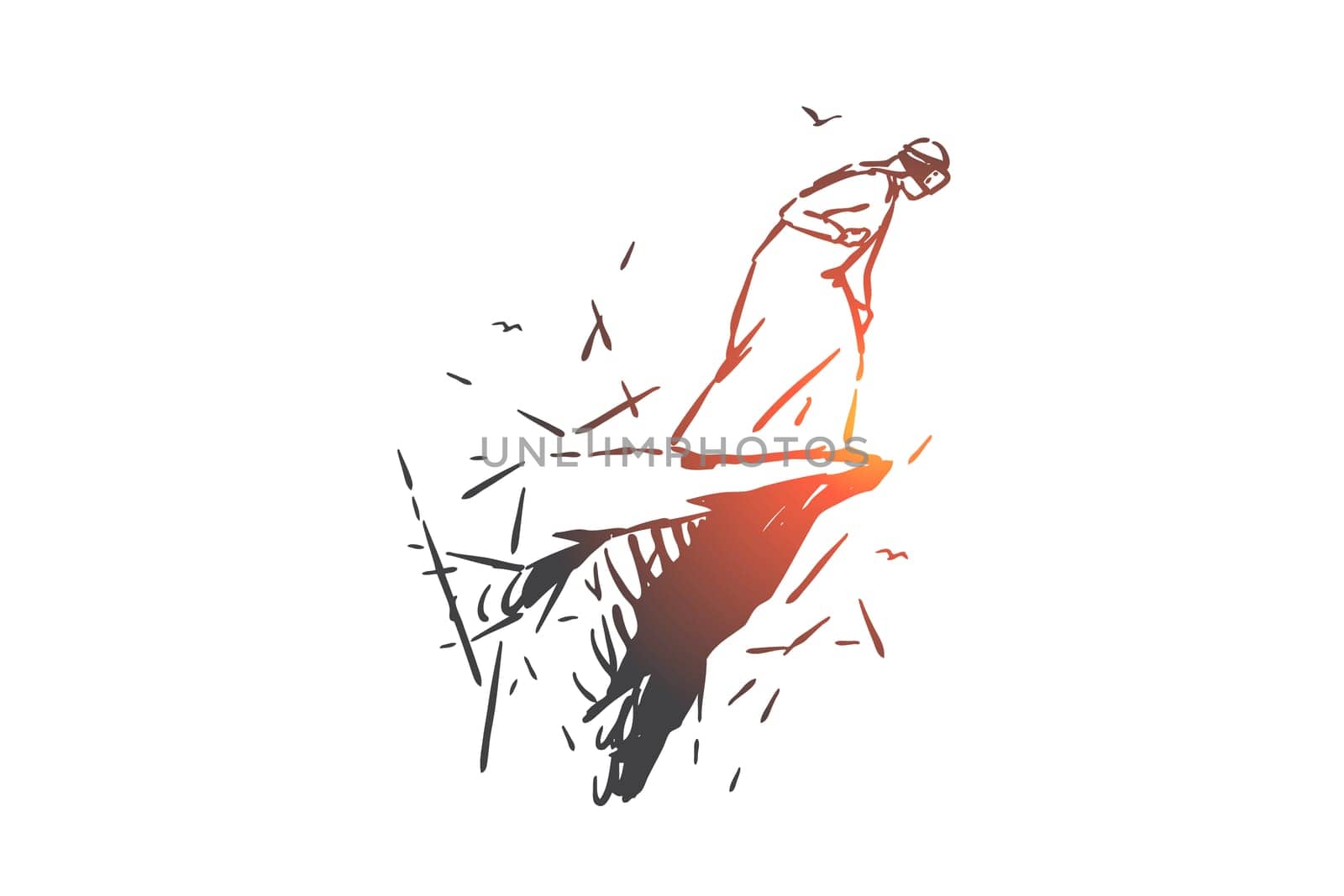 Virtual reality tourism concept sketch. Digital recreation, futuristic entertainment technology, high tech leisure, arab, muslim man in modern VR headset standing on cliff. Hand drawn isolated vector