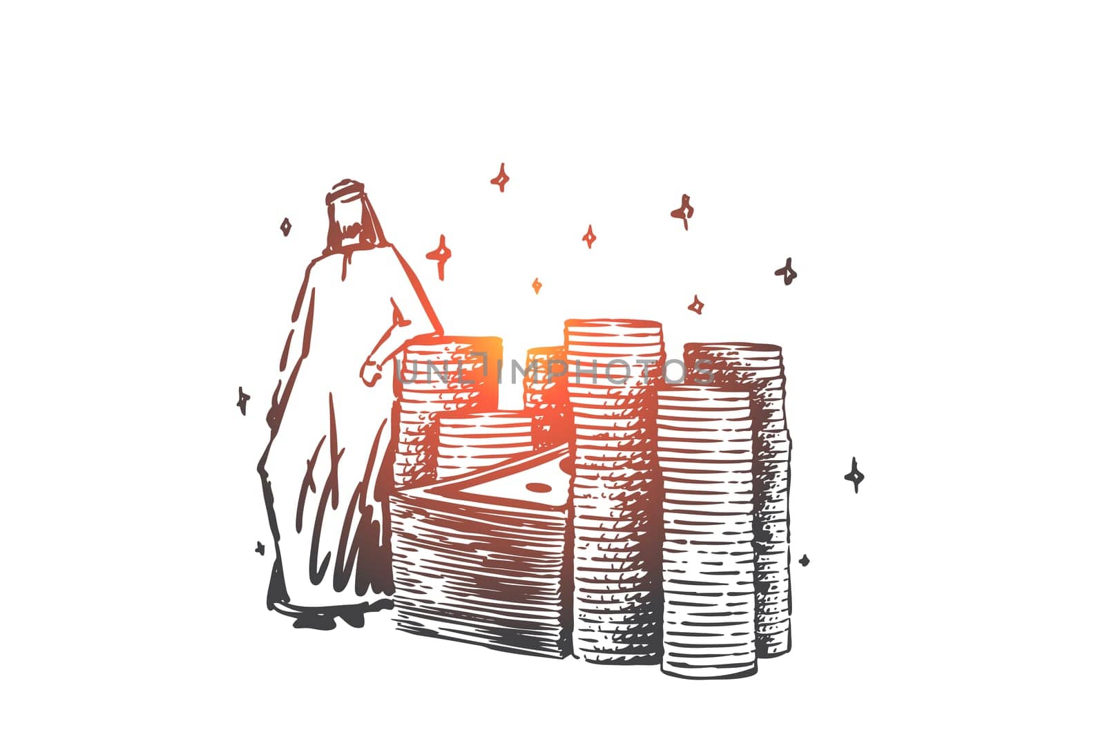 Muslim rich man, billionaire concept sketch. Successful arab businessman standing near golden coins, banknotes piles, financial success, wealth and wellbeing metaphor. Hand drawn isolated vector
