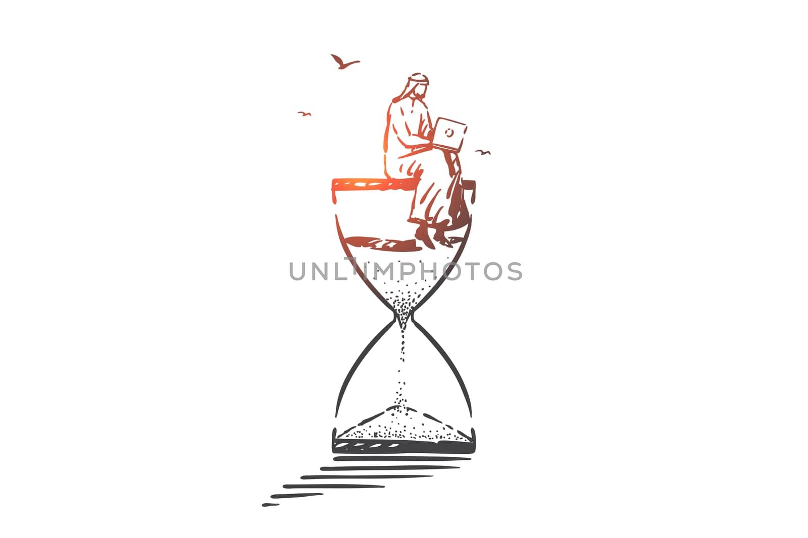 Time management, freelance concept sketch. Distance job, modern recreation, time online metaphor, arab businessman sits on hourglass, muslim freelancer working with laptop. Hand drawn isolated vector