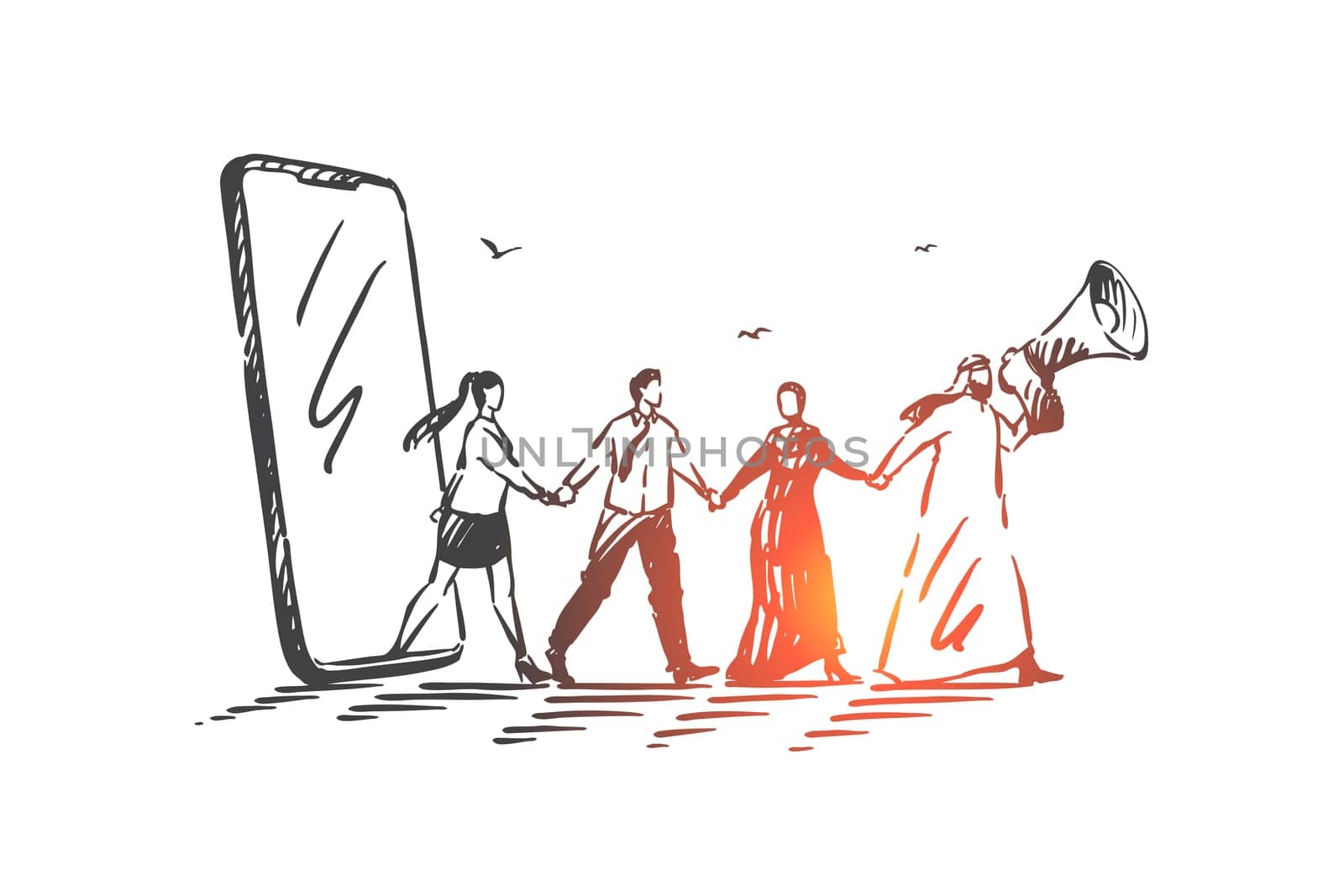 Leadership, teamwork and networking concept sketch. Returning to interpersonal communication, overcoming social media addiction, people follow Muslim boss with loudspeaker. Hand drawn isolated vector