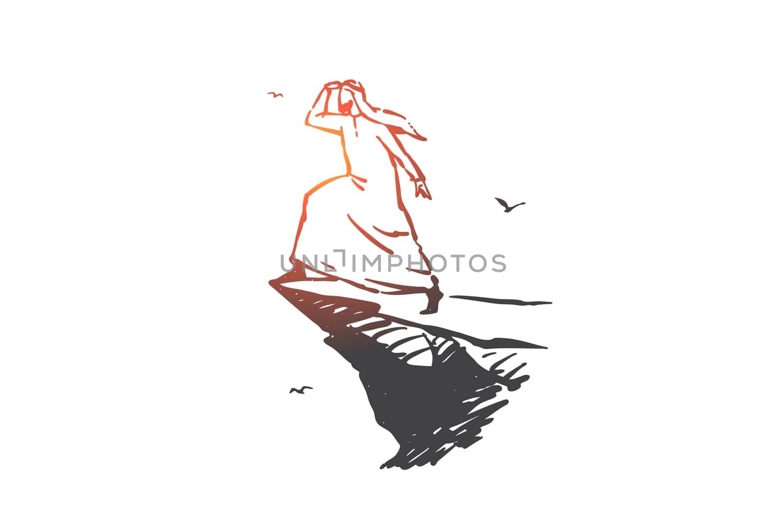 Opening new horizons in Arab business concept sketch. Muslim man standing on mountain top, looking with hand over forehead, successful businessman ready for new challenges. Hand drawn isolated vector