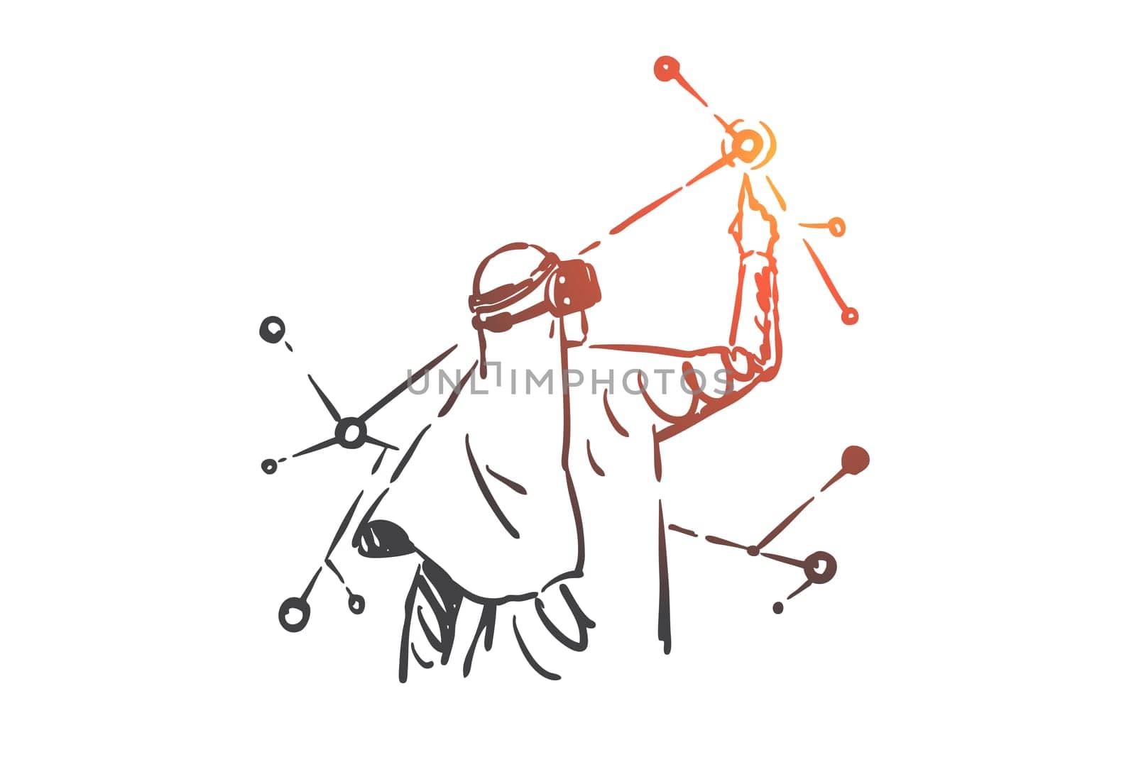 Virtual, augmented reality concept sketch. Innovative business technology, arab businessman in modern VR headset, AR glasses, muslim entrepreneur working in cyberspace. Hand drawn isolated vector