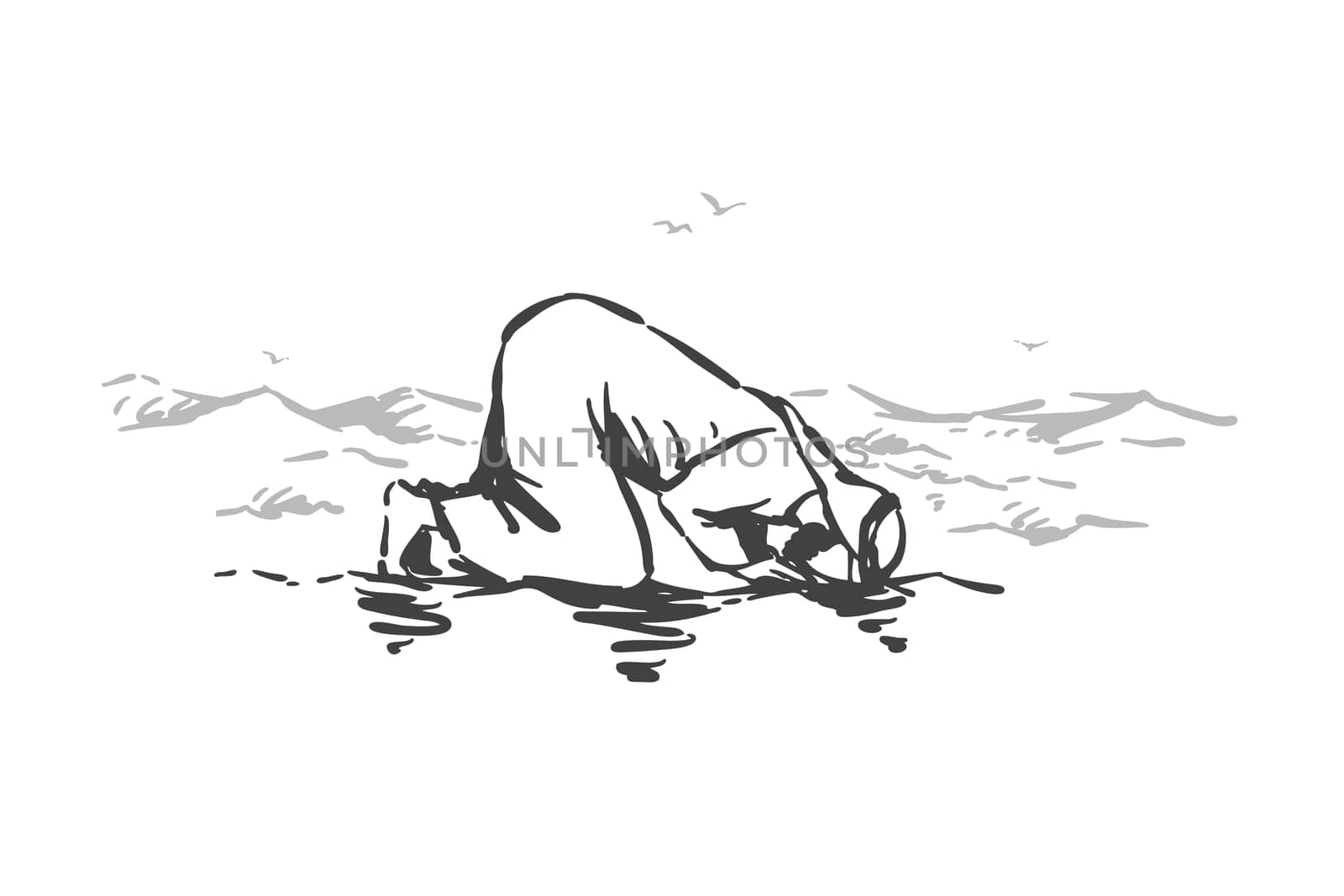 Islamic faith, religion, prayer concept sketch. Lonely Muslim man kneeling and praying in desert sands, dunes, believers obedience and hope for God metaphor. Hand drawn isolated vector