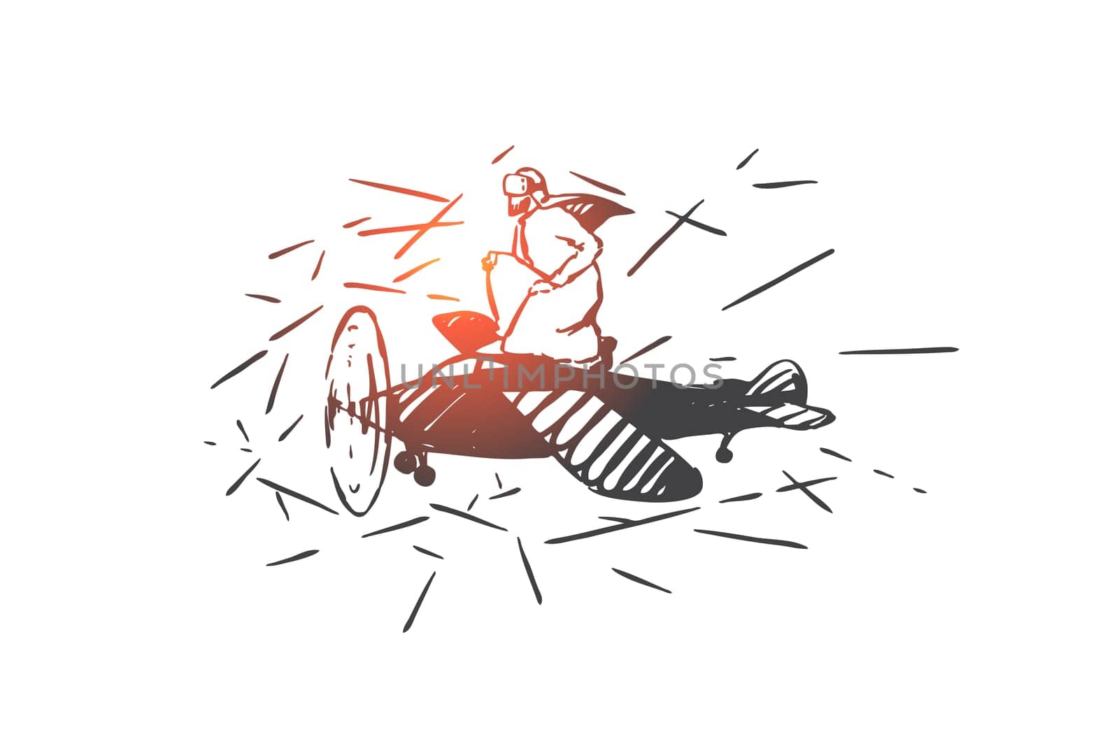 VR simulation, piloting concept sketch. Muslim man playing virtual reality game, Arab man on helicopter air transport, modern leisure and pastime, futuristic entertainment. Hand drawn isolated vector